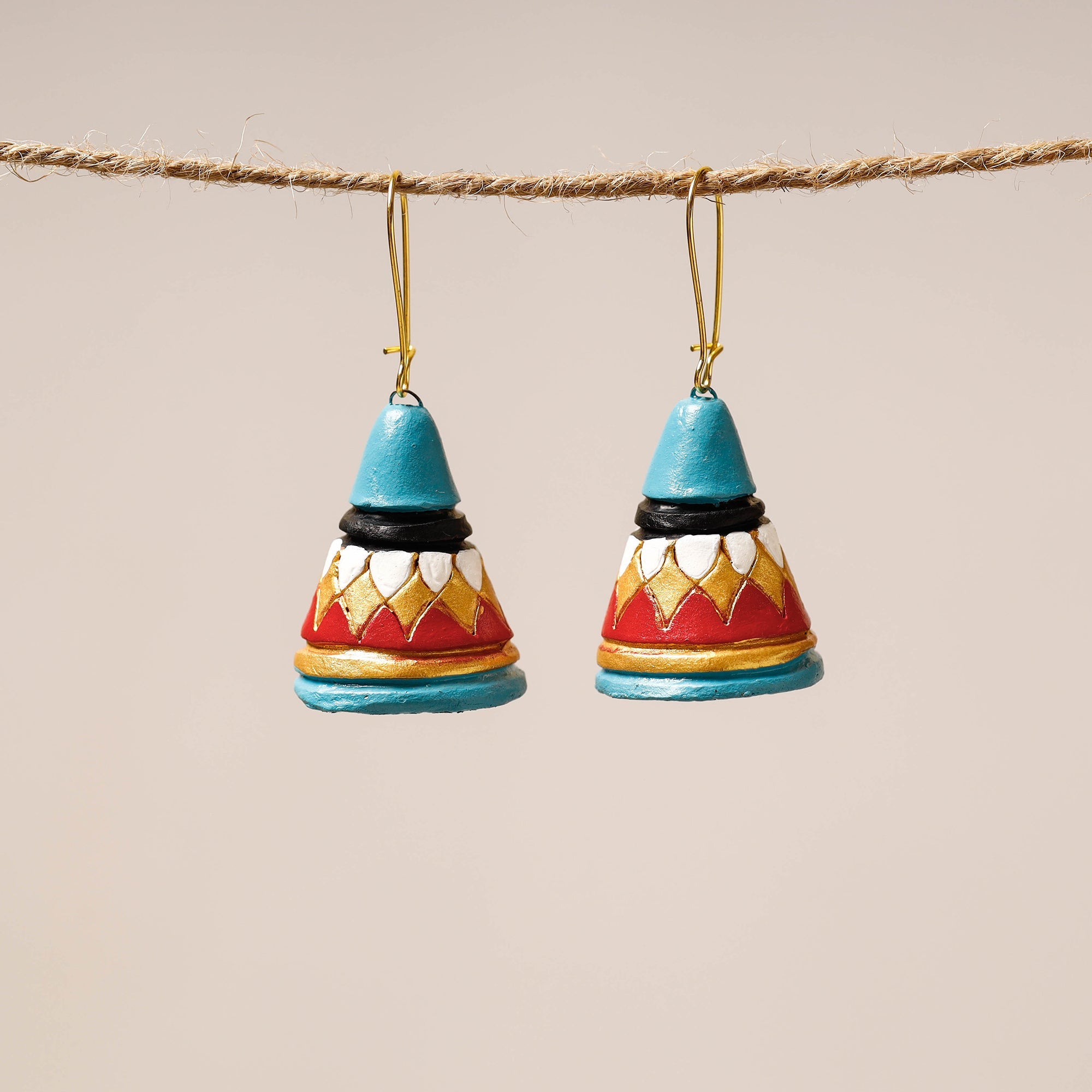 KHUSHBASH - HAPPY LOOM OF EAST Bishnupur Handpainted Cone Shape Terracotta Dangler Earrings