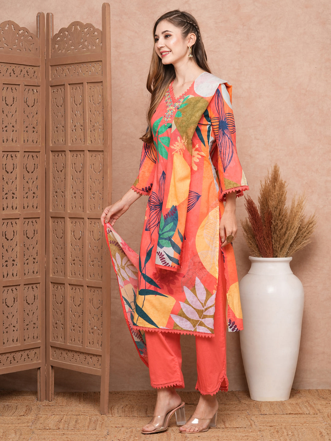 Fashor Abstract Floral Printed & Embroidered Kurta with Pant & Dupatta - Pink - view 4