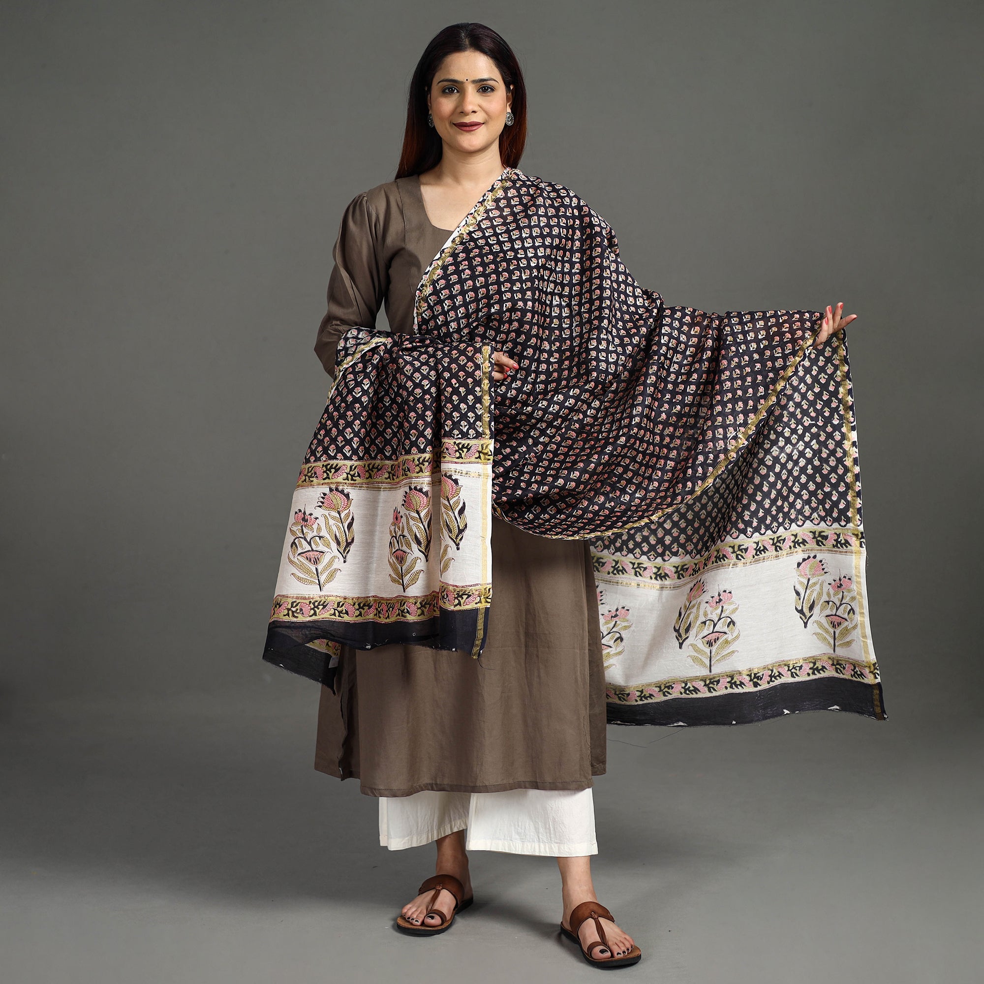 ARTISAN HAND BLOCK PRINTS Black - Handloom Chanderi Silk Sanganeri Print Dupatta 26