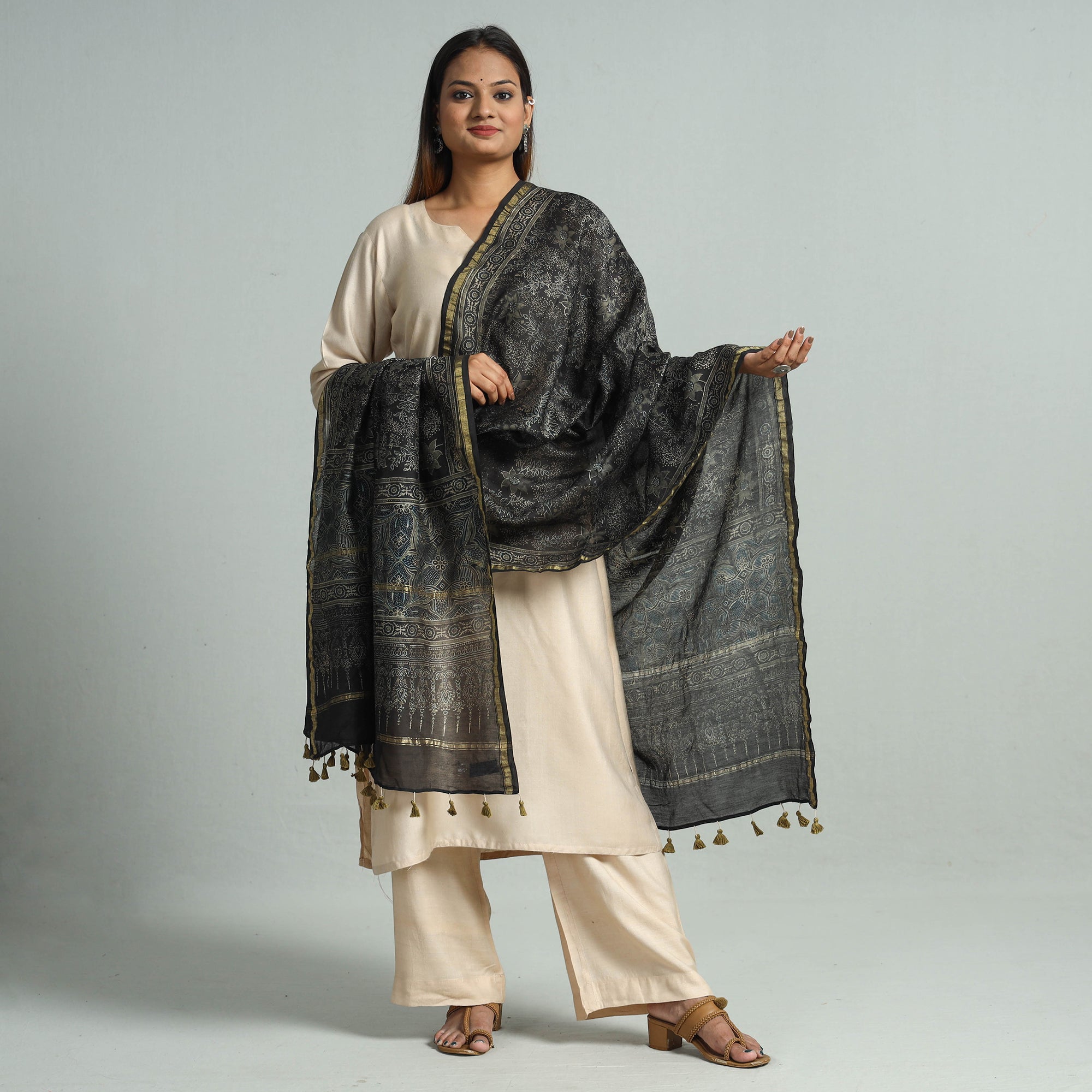 AJRAKH BY SUFIYAN ISMAIL KHATRI Black - Block Print Chanderi Silk Handloom Ajrakh Dupatta 37 - view 2