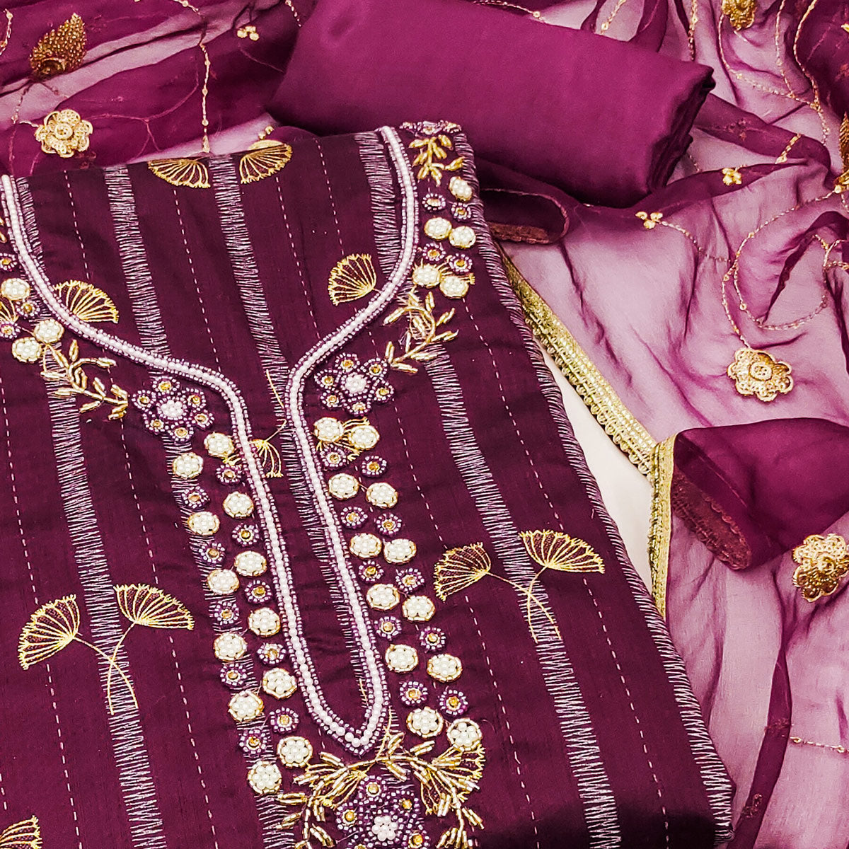 Peachmode Purple Floral Foil Printed With Handwork Chanderi Dress Material - view 2