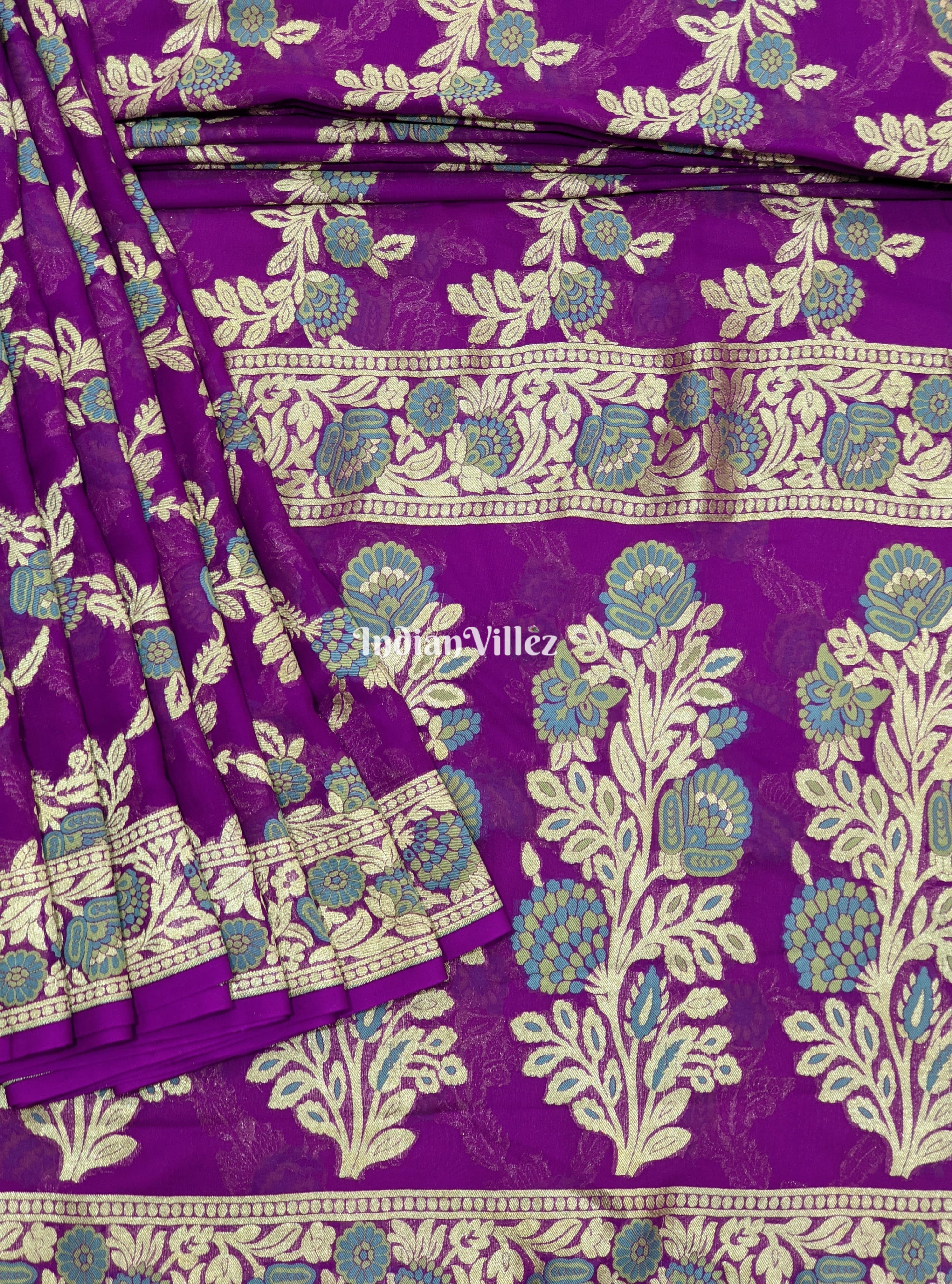 IndianVillèz Purple Pure Banarasi Khaddi Georgette Saree