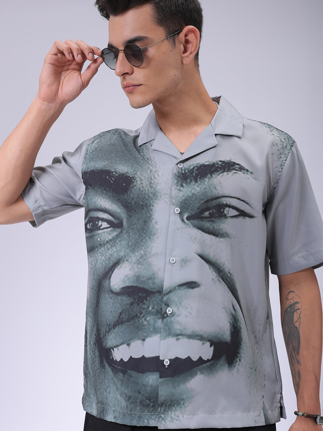 The Indian Garage Co Men's Grey Oversized Fit Graphic Shirt