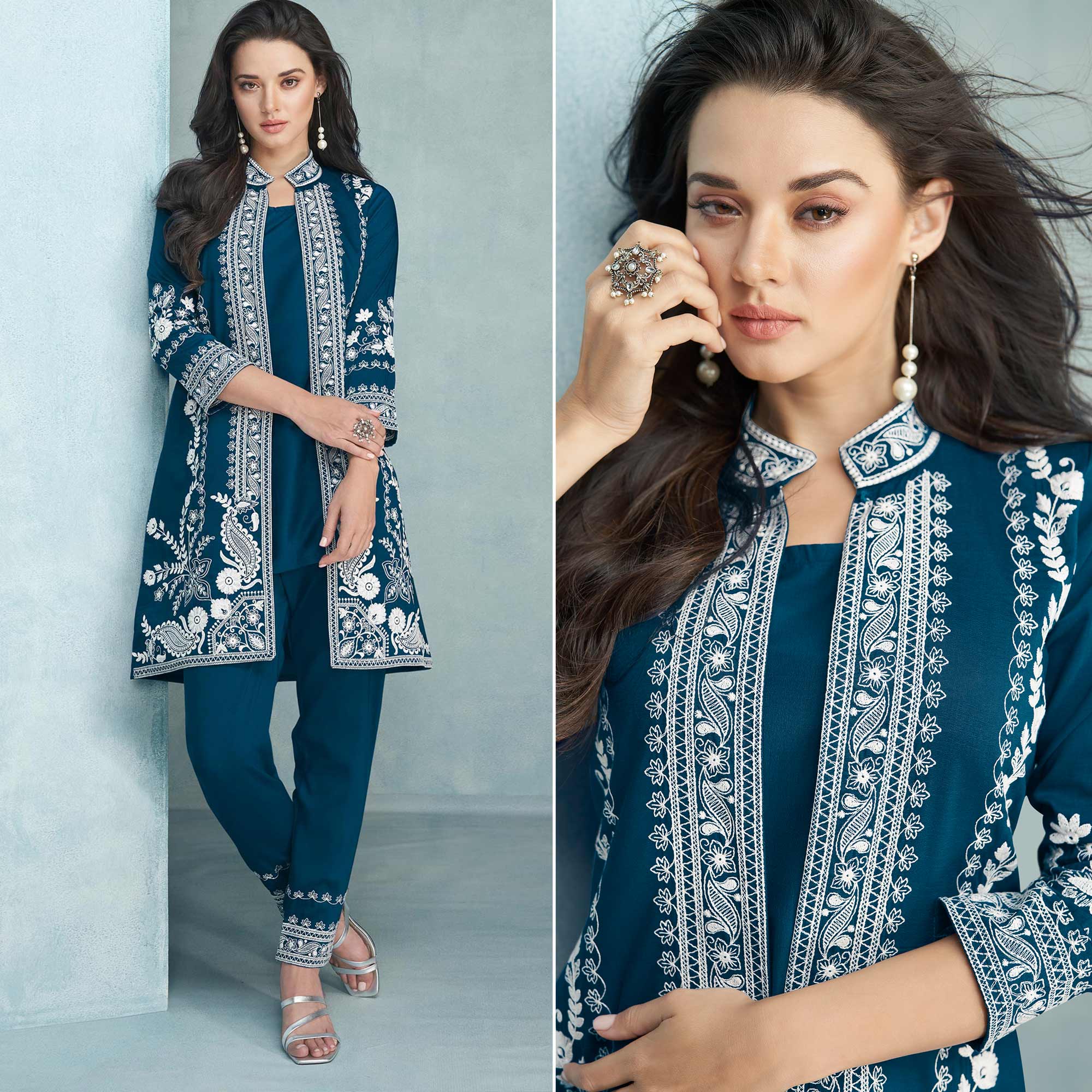Peachmode Morpich Floral Embroidered Rayon Kurti Jacket Co Ord Set