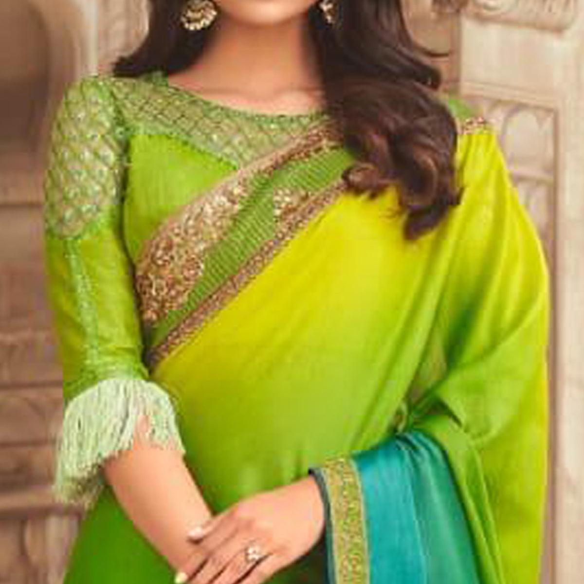 BlackTree green-and-blue-floral-sequence-embroidered-art-silk-saree - view 3