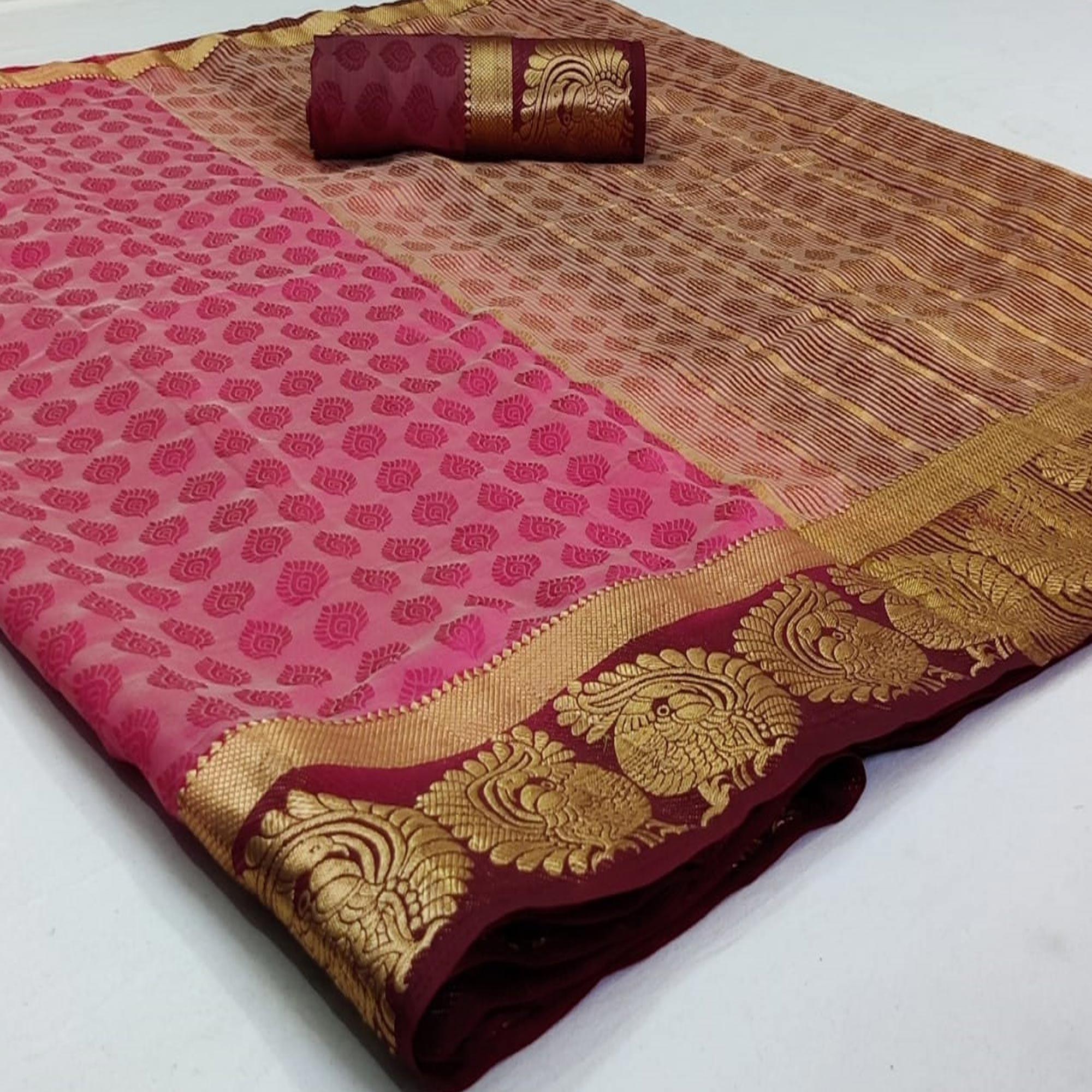 Peachmode Hypnotic Pink Coloured Festive Wear Woven Art Silk Saree