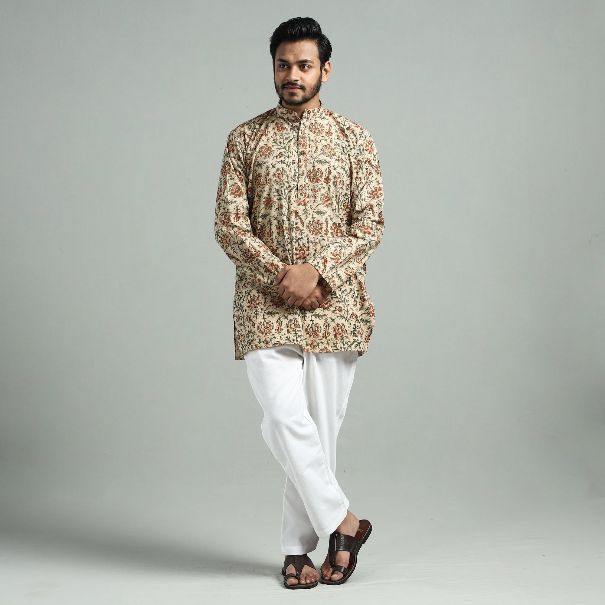 ITOKRI CASUALS Beige - Kalamkari Block Printed Cotton Men Short Kurta - view 2