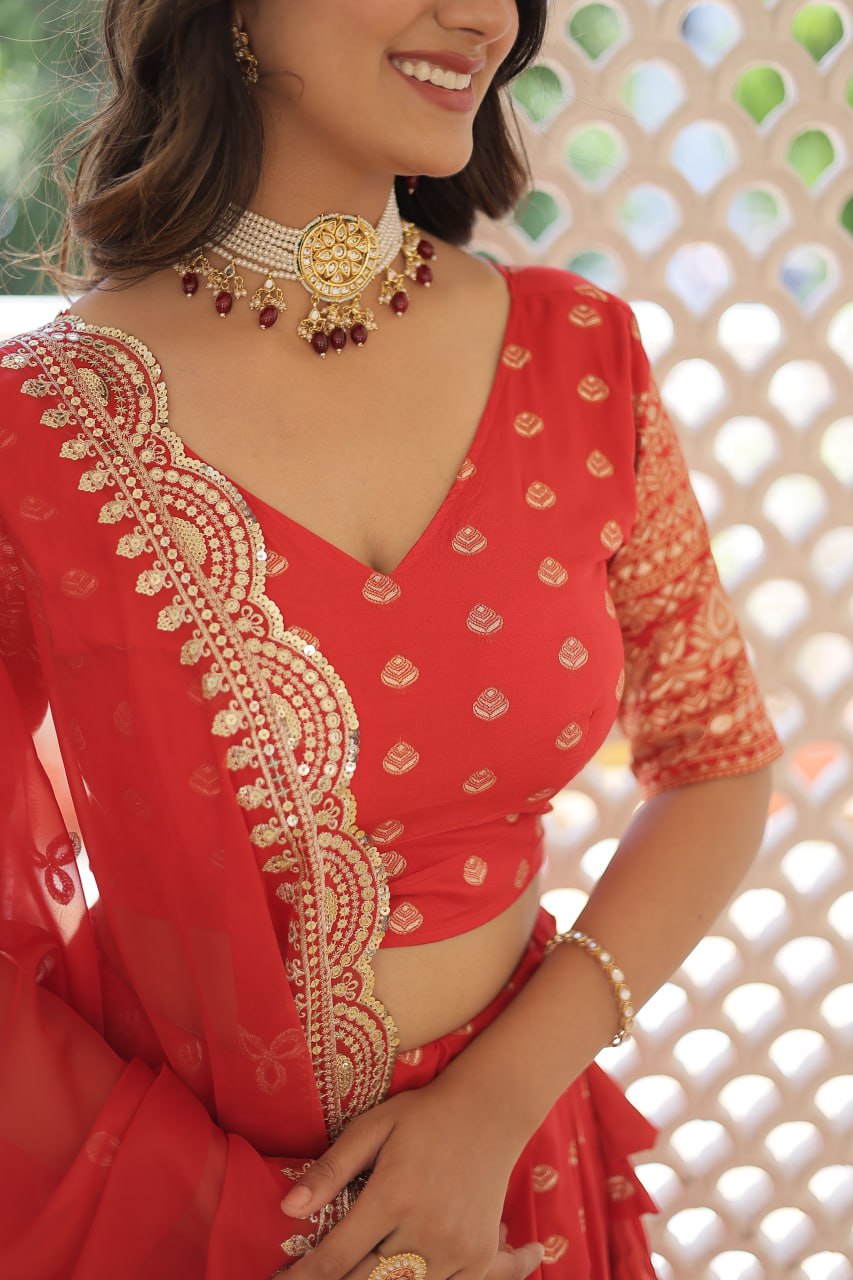 ClothsVilla Red Enchanting Dayble Viscose Jacquard Lehenga Set with Double Zari Work - view 4