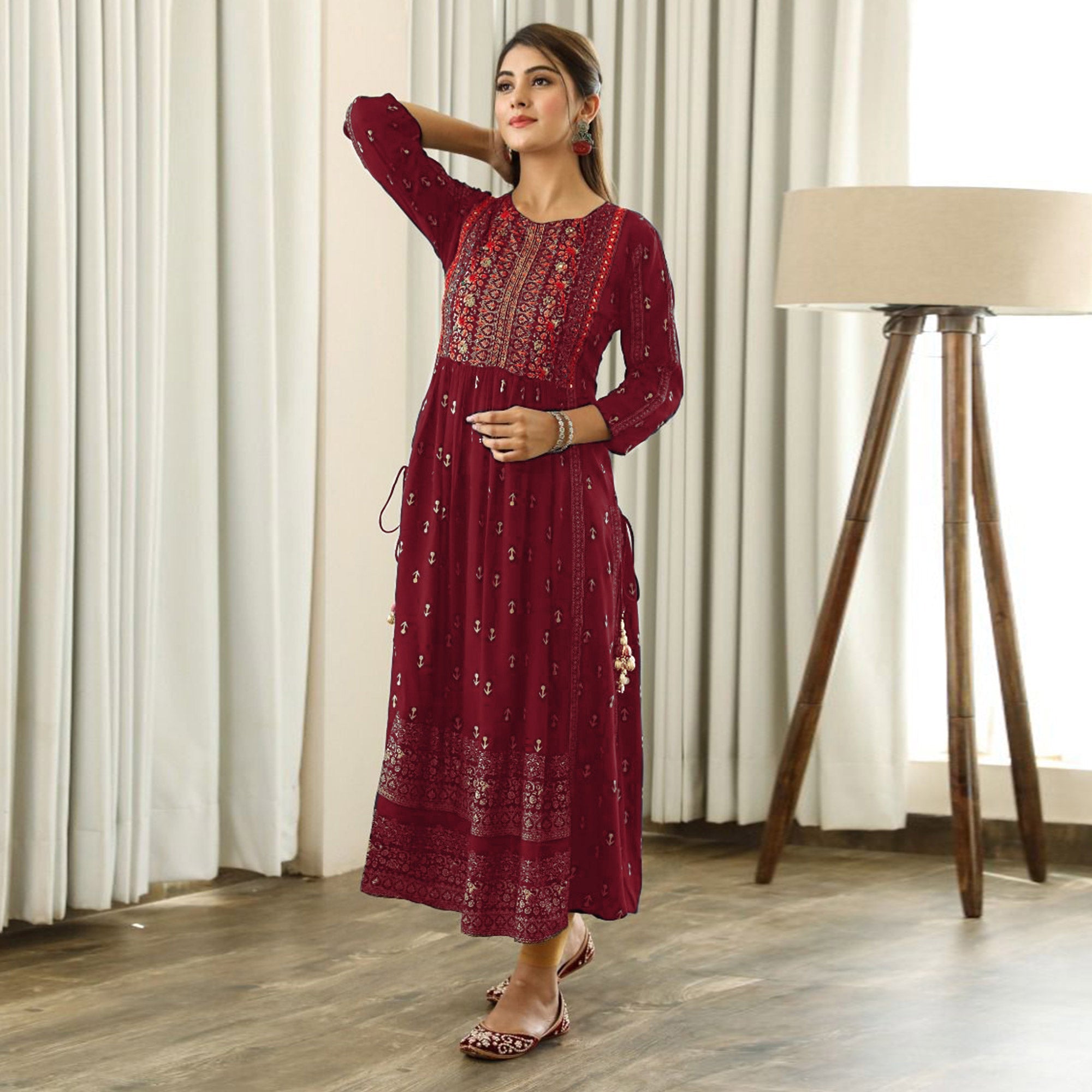 Peachmode Maroon Printed With Embroidered Rayon Naira Cut Kurti - view 5