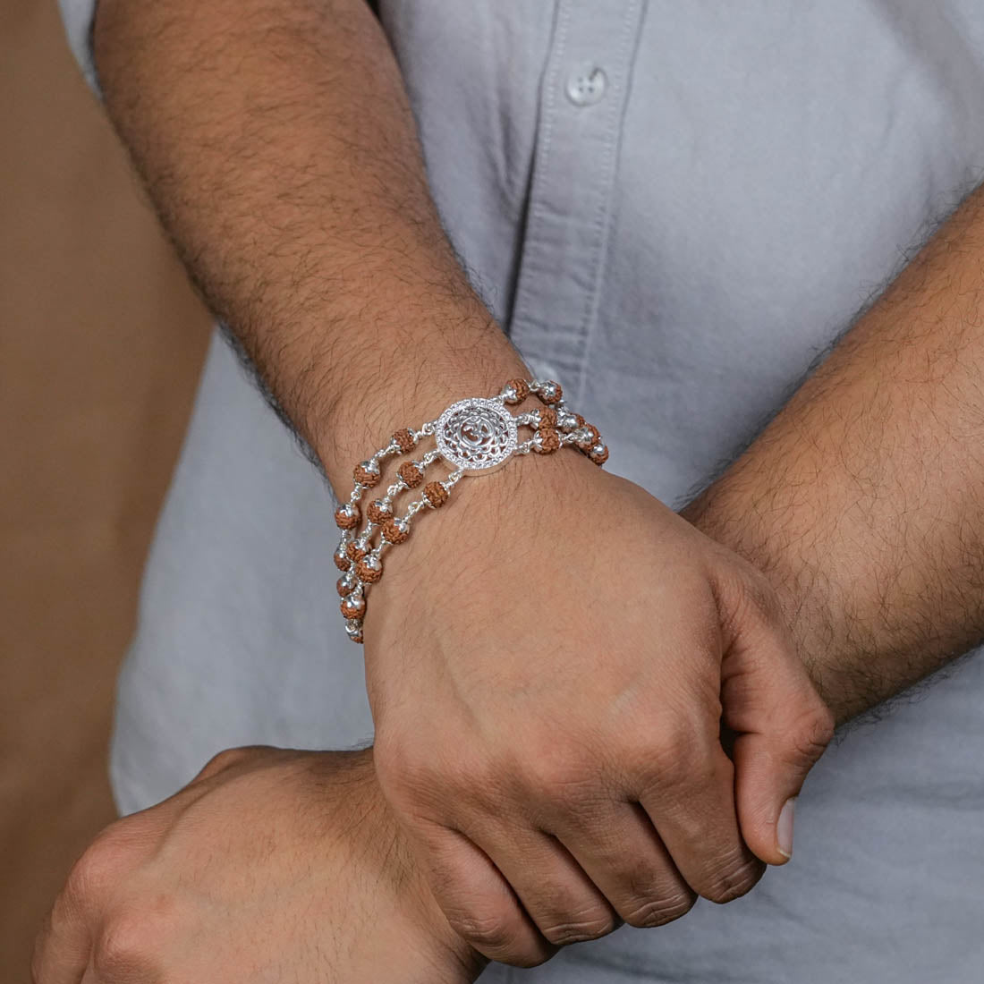 Prinjal Jewellers Rudraksha Silver Om in Flower Bracelet - view 3