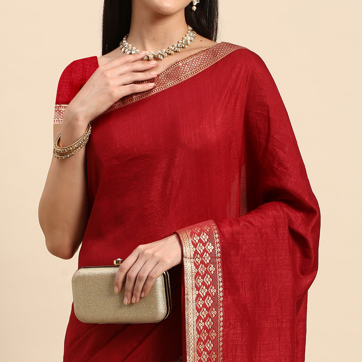 Peachmode Maroon Solid Vichitra Silk Saree With Zari Border - view 3