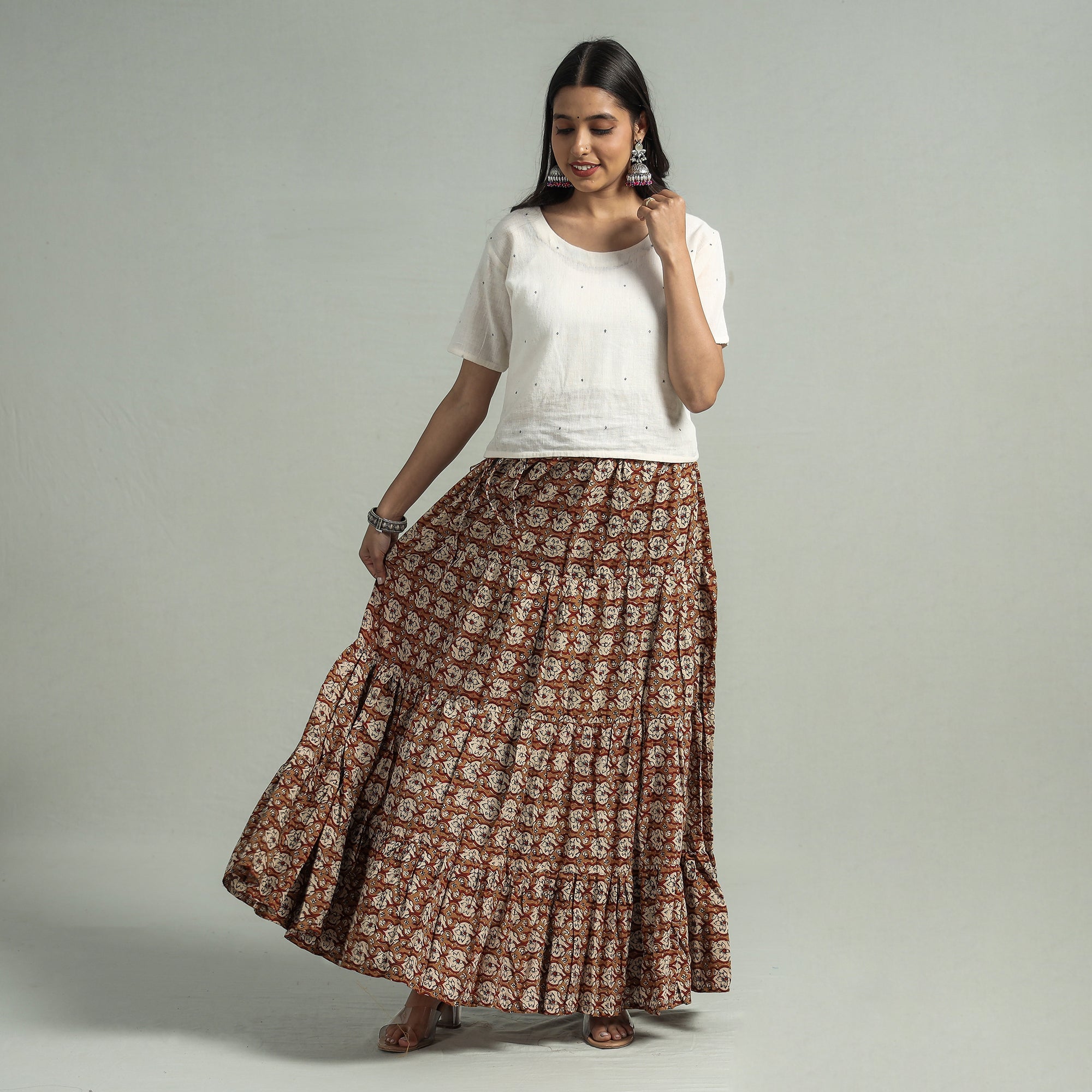 NOORI BAZAR Brown - Sanganeri Block Printed Tiered Cotton Long Skirt - view 2