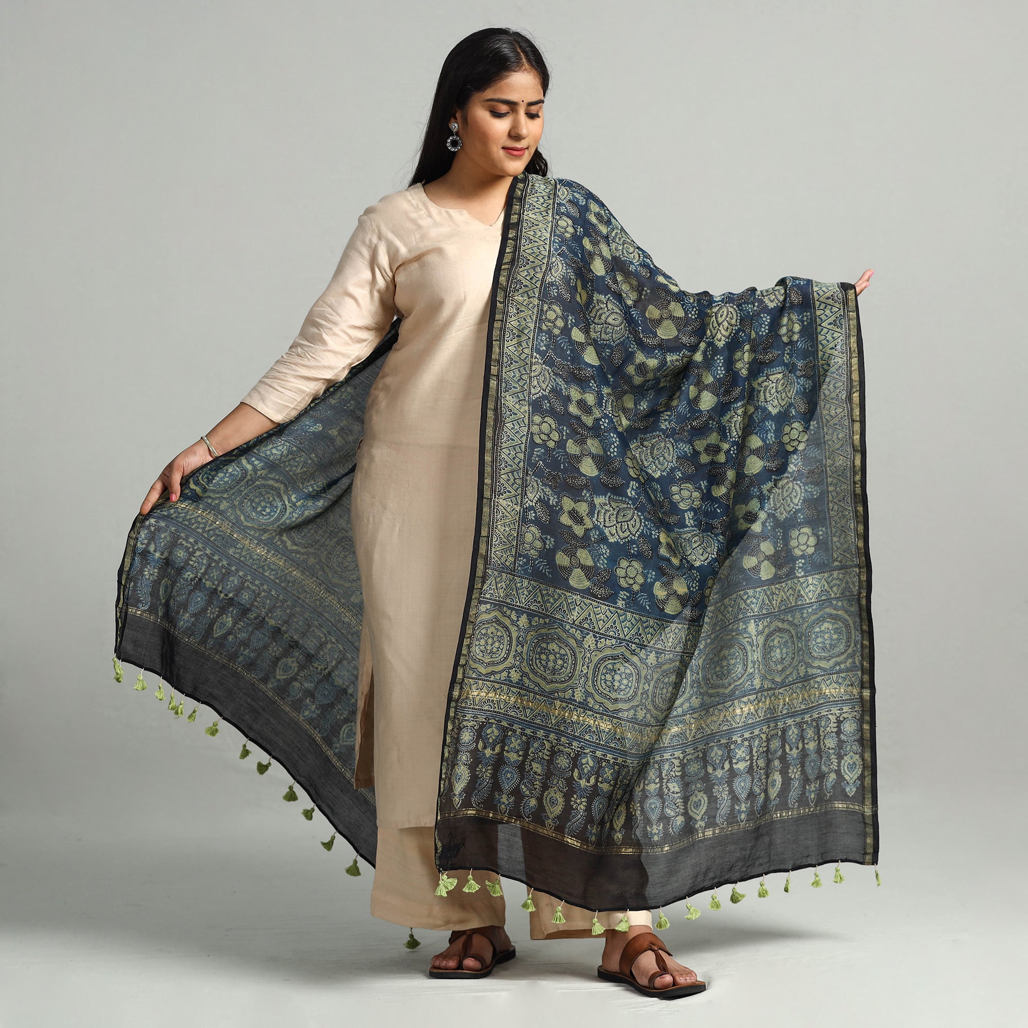 AJRAKH BY SUFIYAN ISMAIL KHATRI Blue - Block Printed Chanderi Silk Handloom Ajrakh Dupatta 05