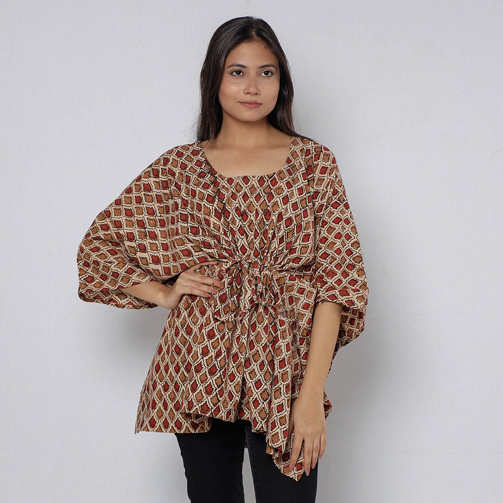 ITOKRI CASUALS Brown - Sanganeri Block Printed Cotton Kaftan with Tie-Up Waist (Short)