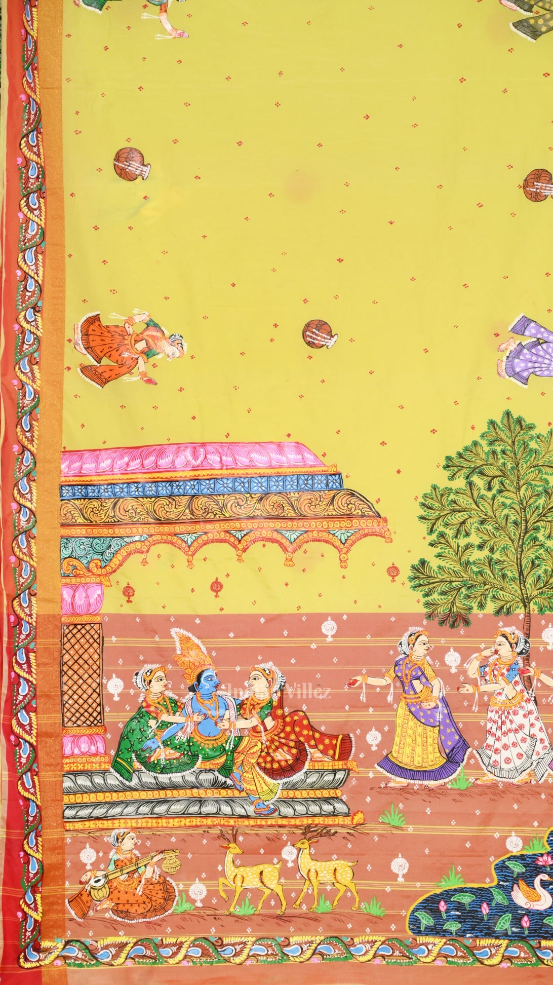 IndianVillèz Lemon Yellow Red Radha Krishna Raasleela Hand-Painted Pattachitra Saree - view 2