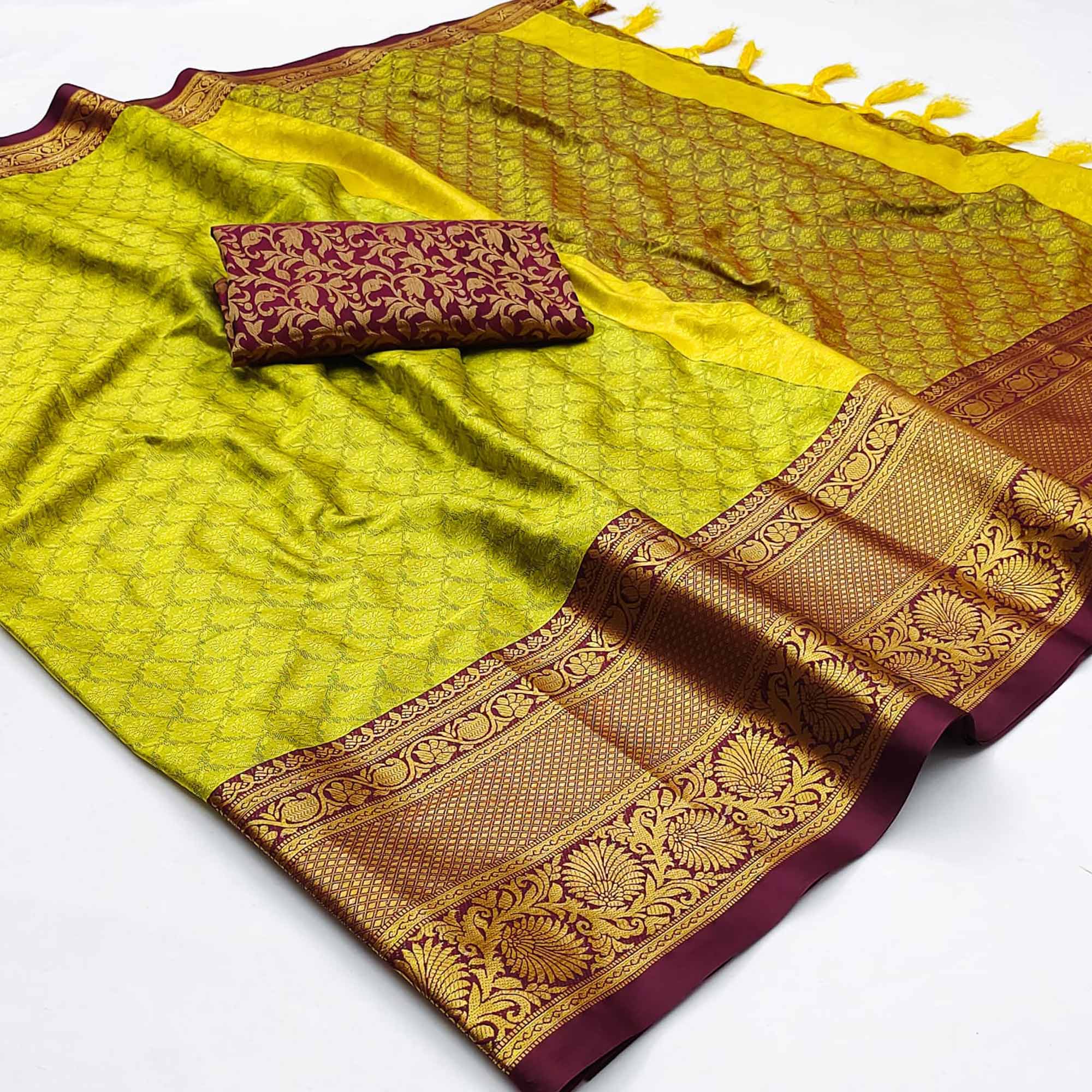 Peachmode Lemon Green Printed And Woven Cotton Silk Saree With Tassels