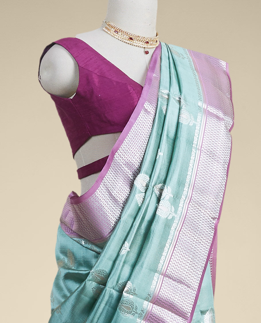 Pothys Green floral motifs dupion silk saree with contrast intricate zari design border