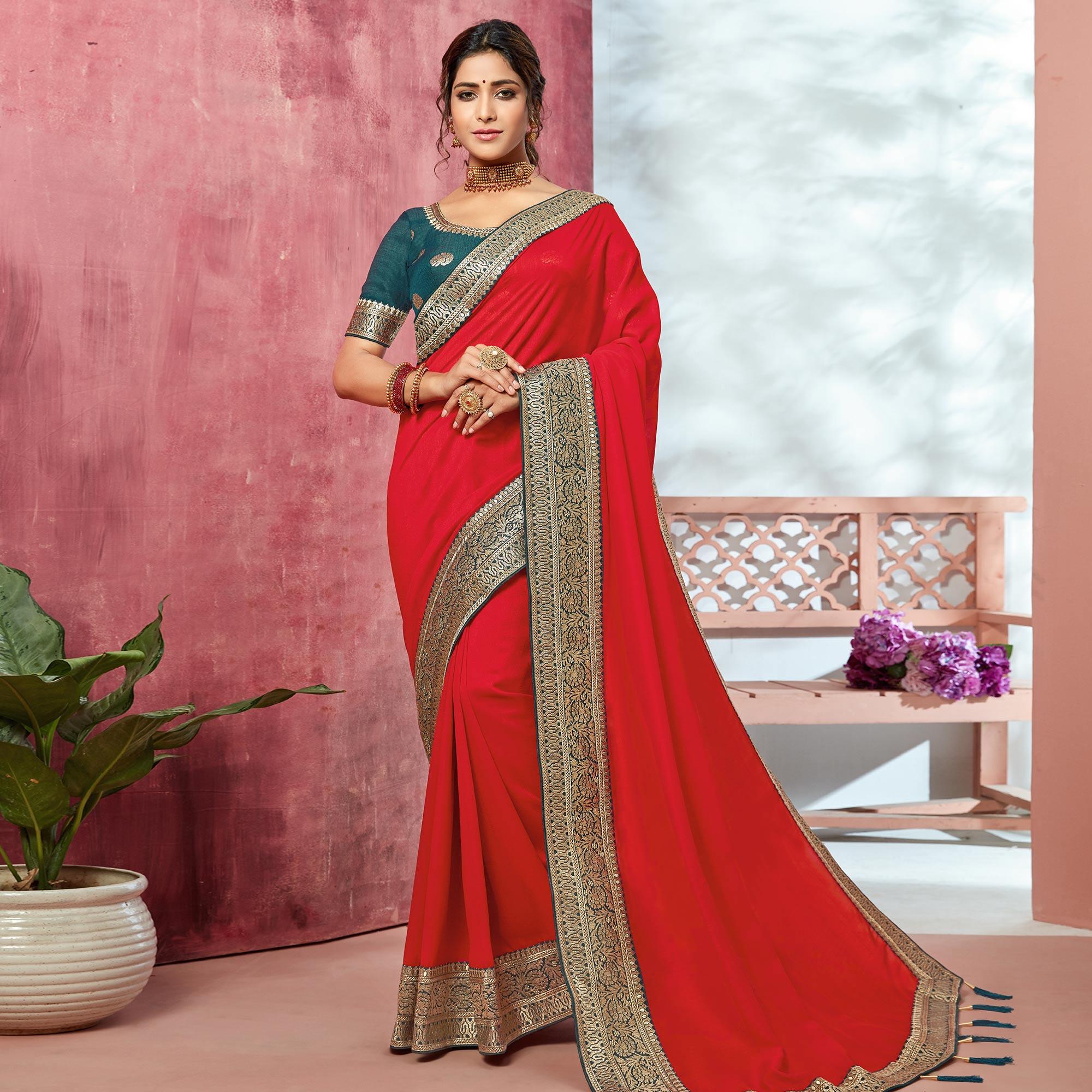 Peachmode Coral Red Festive Wear Silk Saree With Embroidered Border
