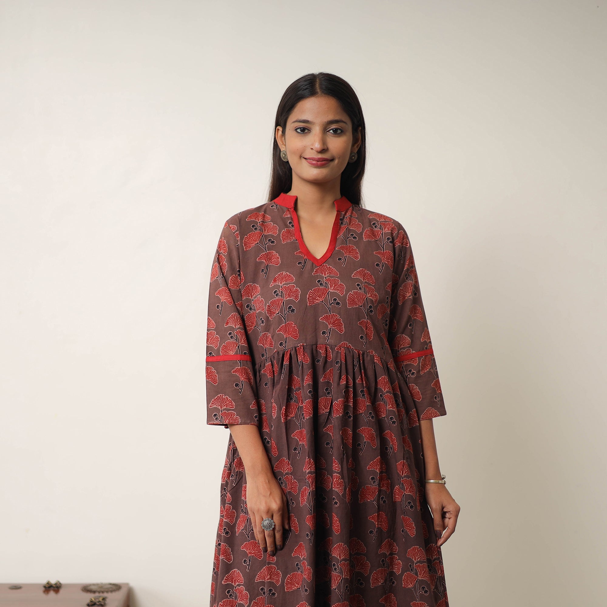 ITOKRI CASUALS Brown - Hand Block Print Cotton Flared Gher Ajrakh Dress 10