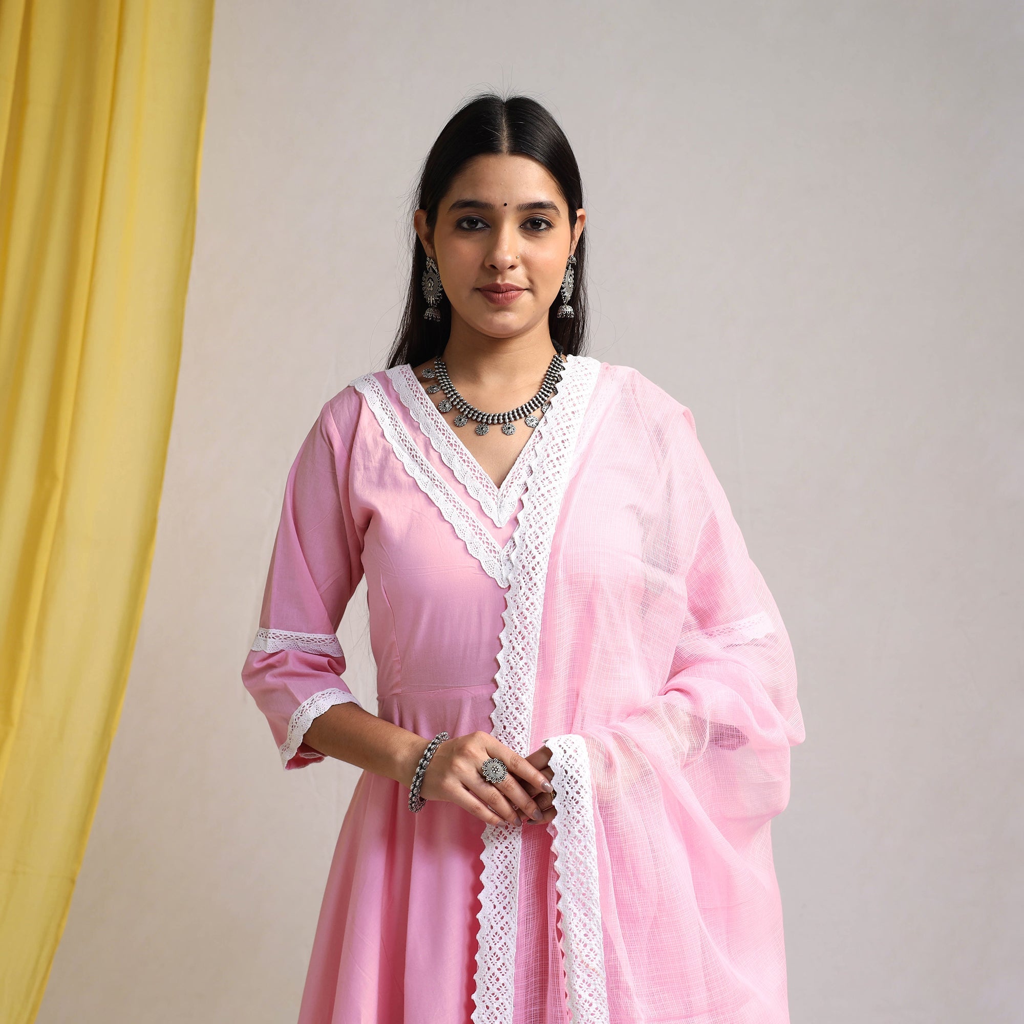 ITOKRI CASUALS Baby Pink - Lace Work Plain Cotton Anarkali Kurta with Dupatta Set 10 - view 2