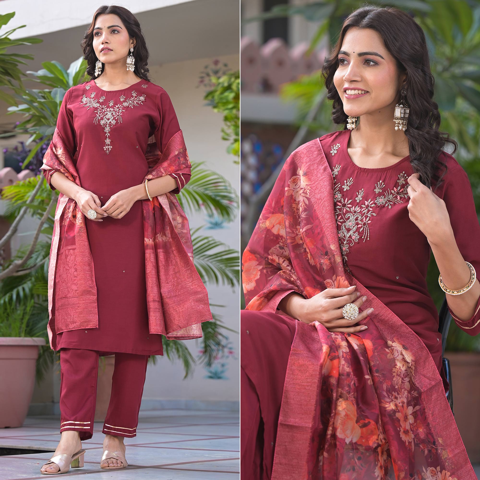 Peachmode Maroon Embroidered Dola Silk Straight Cut Salwar Suit