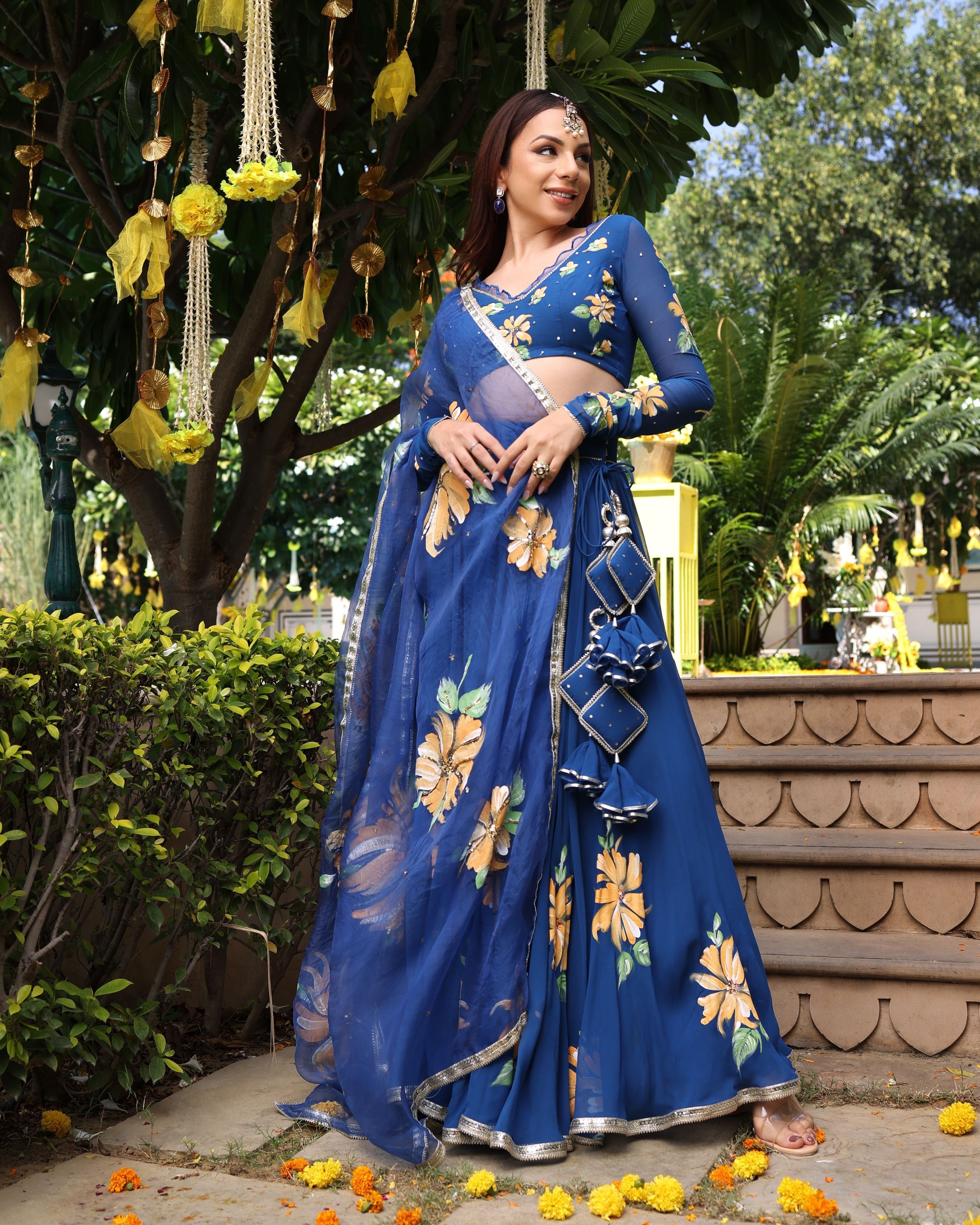 Aachho Madison Blue Handpainted Georgette Lehenga Set - view 5