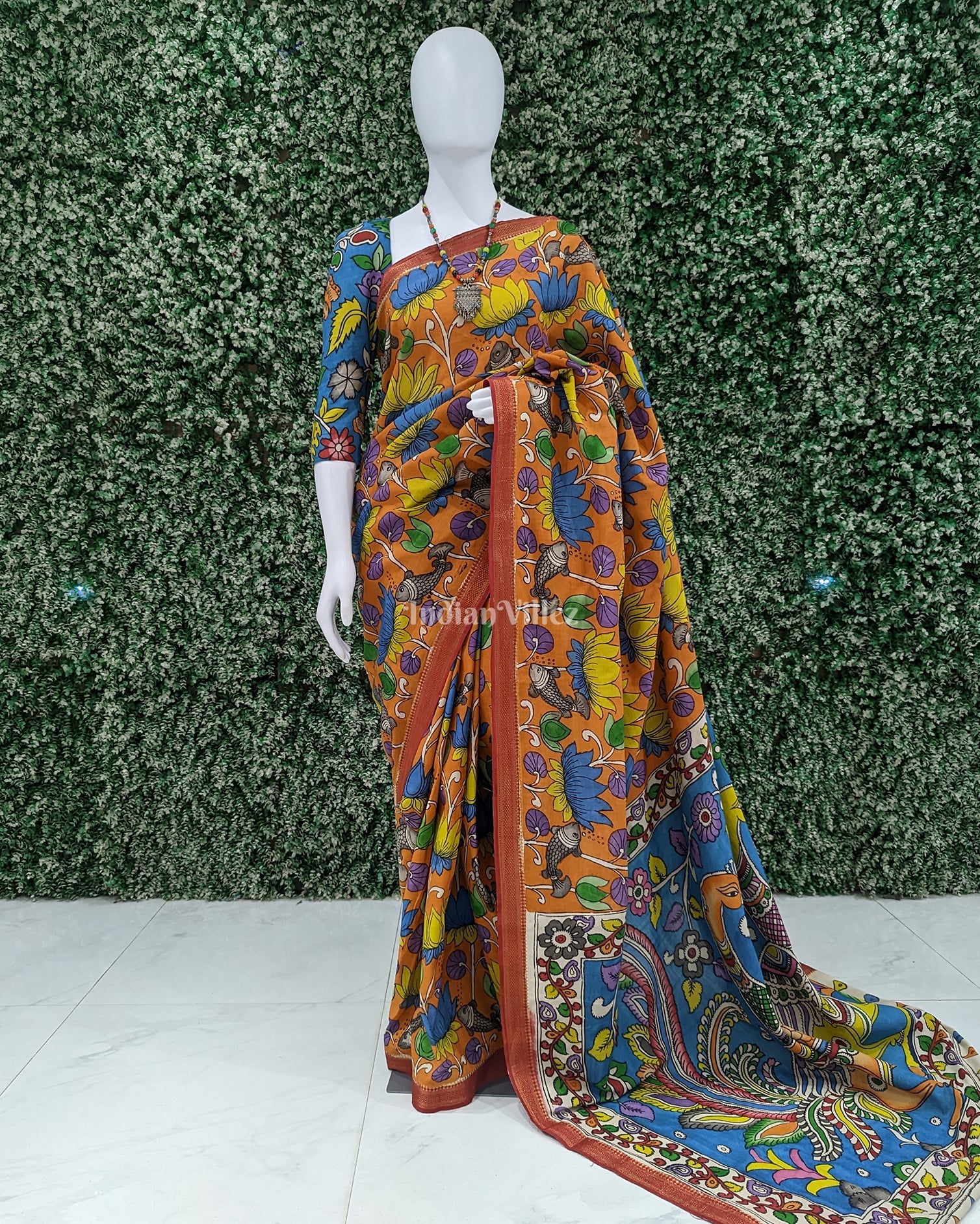 IndianVillèz Orange Lotus Fish Hand-Painted Natural Dye Cotton Kalamkari Saree