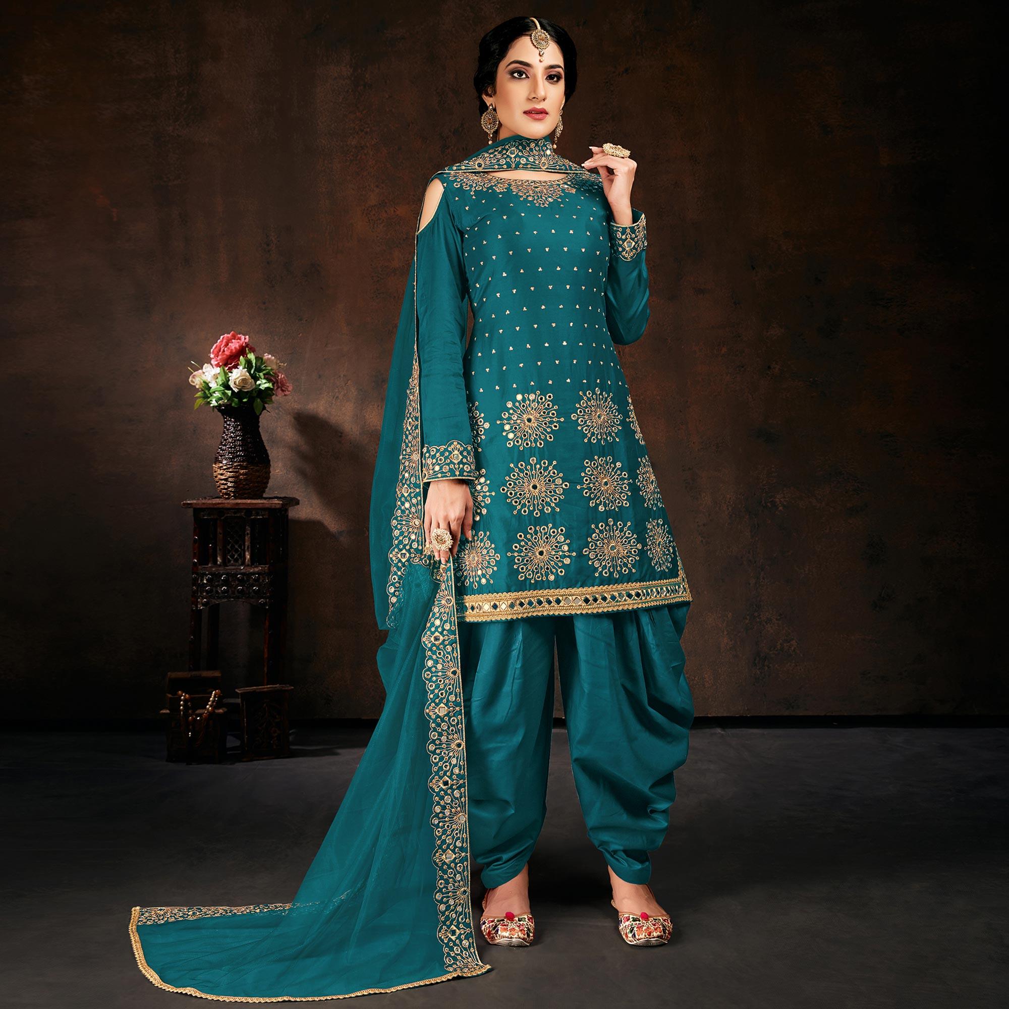 Peachmode Desirable Green Coloured Partywear Designer Embroidered Heavy Faux Georgette Patiala Suit