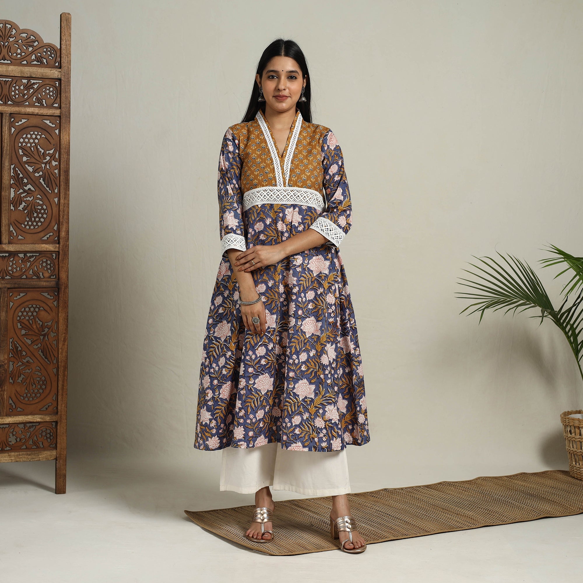 ITOKRI CASUALS Blue - Block Print Mosaic Fusion A-Line Sanganeri Cotton Kurta - view 2