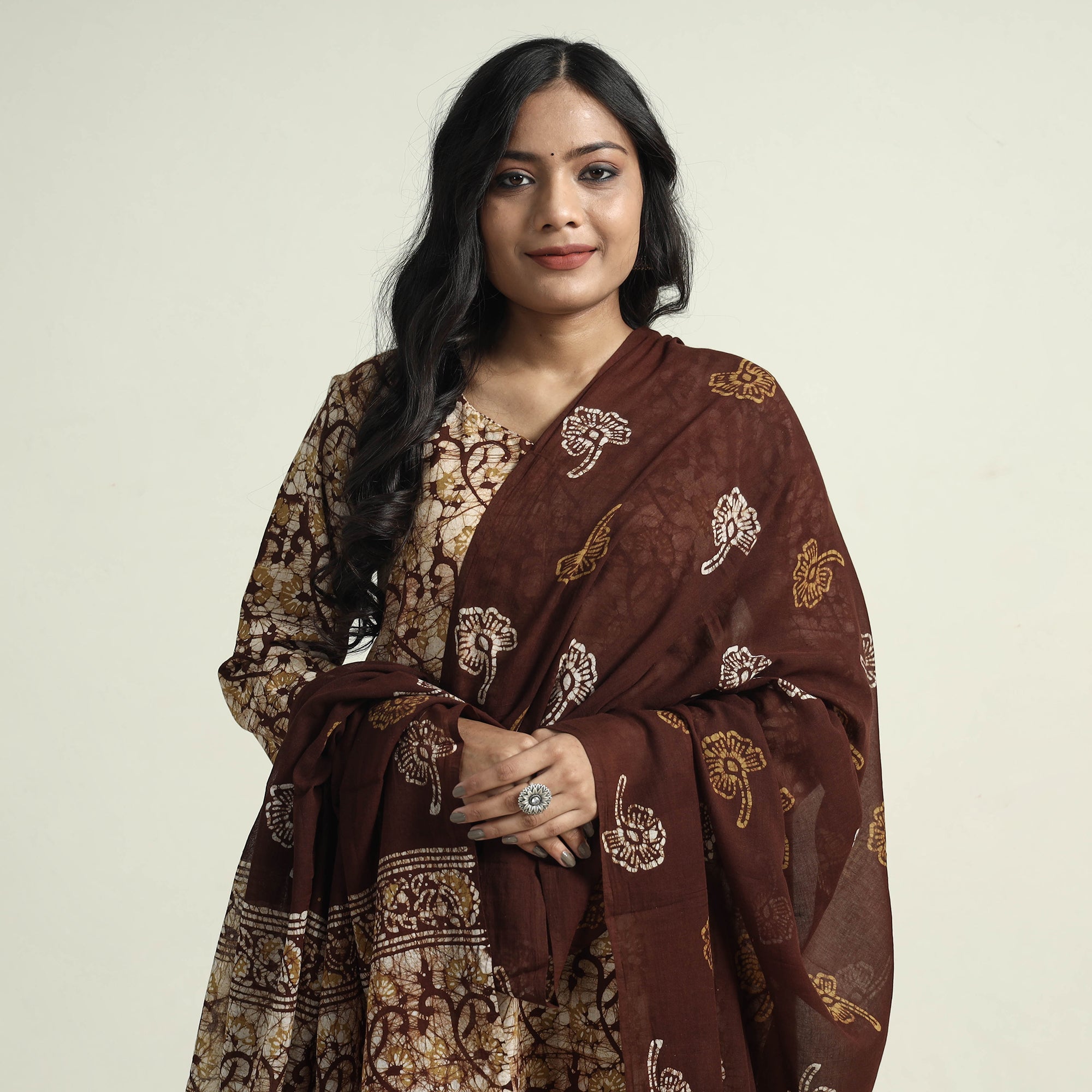 ITOKRI CASUALS Brown - Hand Batik Printed Cotton Kurta with Palazzo & Dupatta Set - view 2