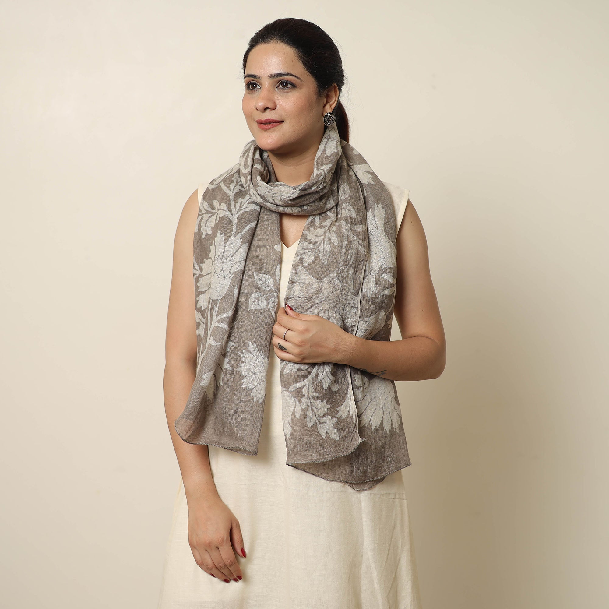 BINDAAS UNLIMITED Brown - Handloom Block Print Natural Dyed Linen Bindaas Stole 04 - view 2