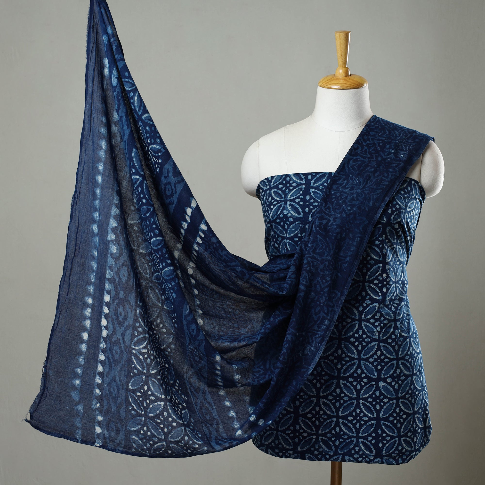 ARTISAN HAND BLOCK PRINTS Blue - 3pc Cotton Indigo Bagru Print Dress Material Set 11