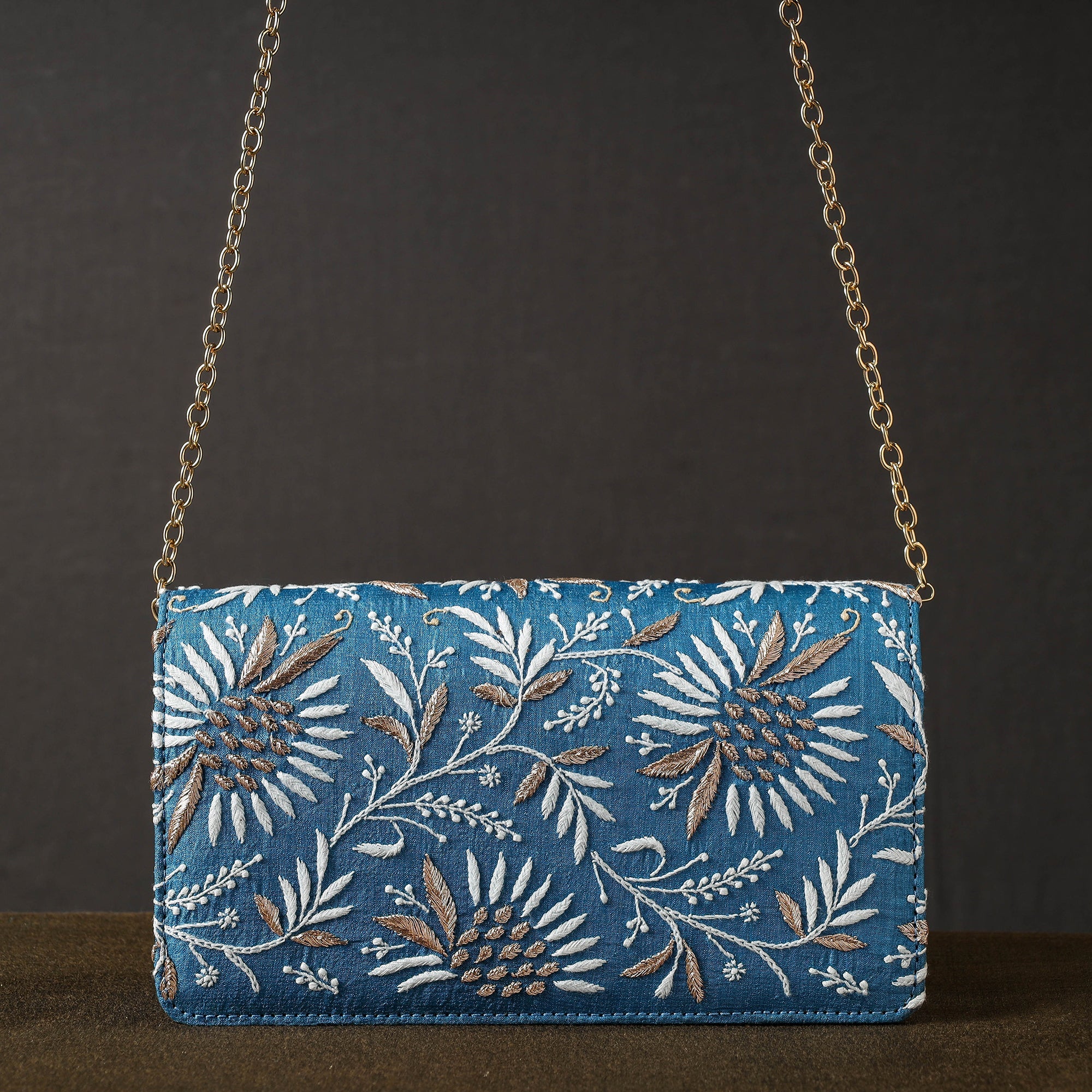 LAVANGG Blue - Chikankari Hand Embroidery Tussar Silk Clutch / Sling Bag