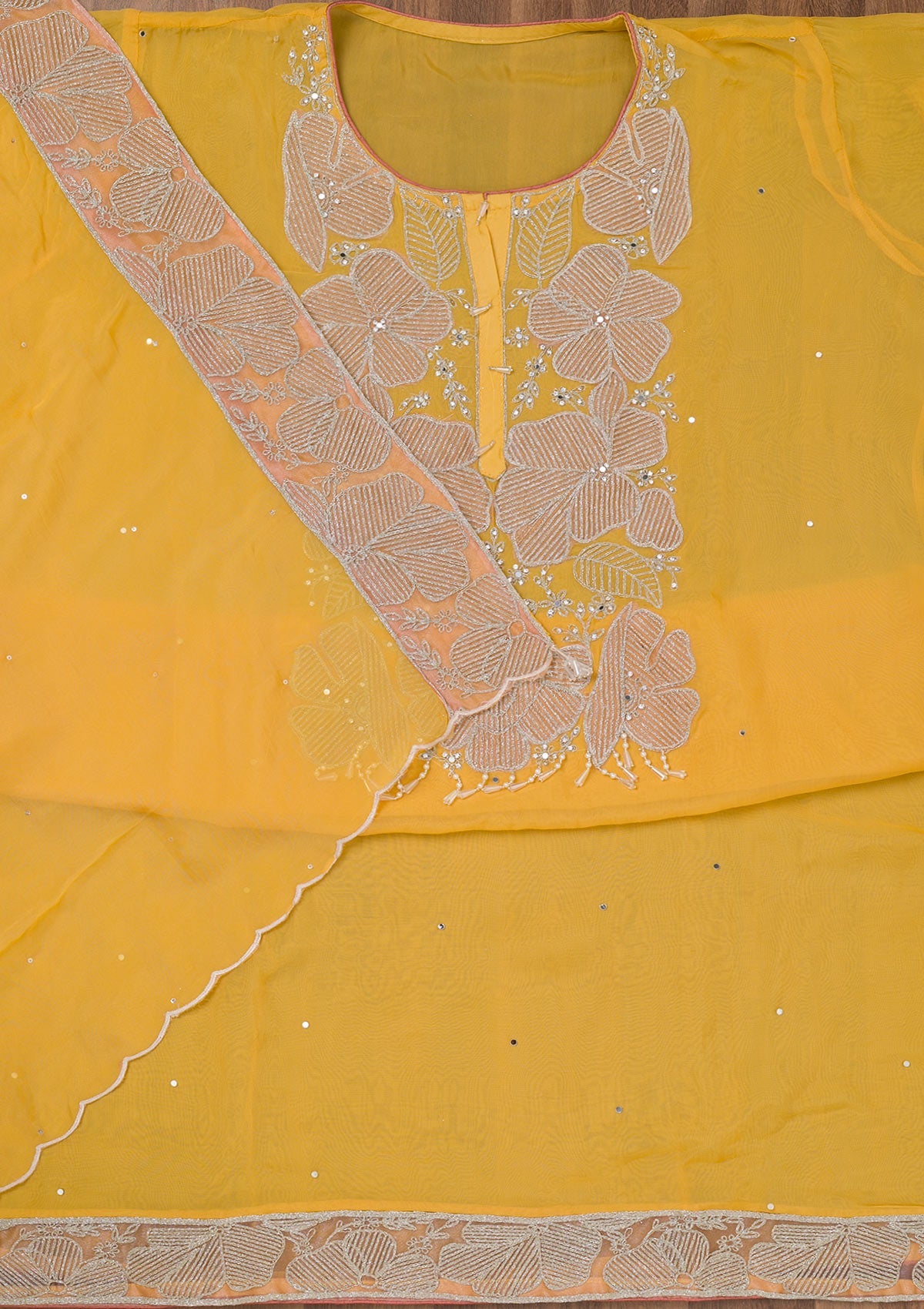 Koskii Mustard Zariwork Semi Crepe Unstitched Salwar Suit - view 3