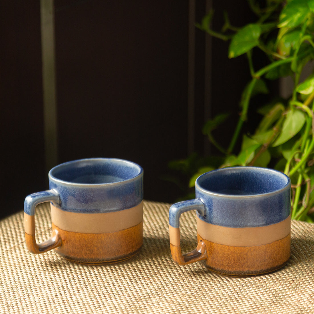 Tea coffee mugs – EXCLUSIVELANE 'Caramel Blues' Hand Glazed Studio Pottery Tea & Coffee Mugs In Ceramic (Set of 2, 360 ML, Microwave Safe)