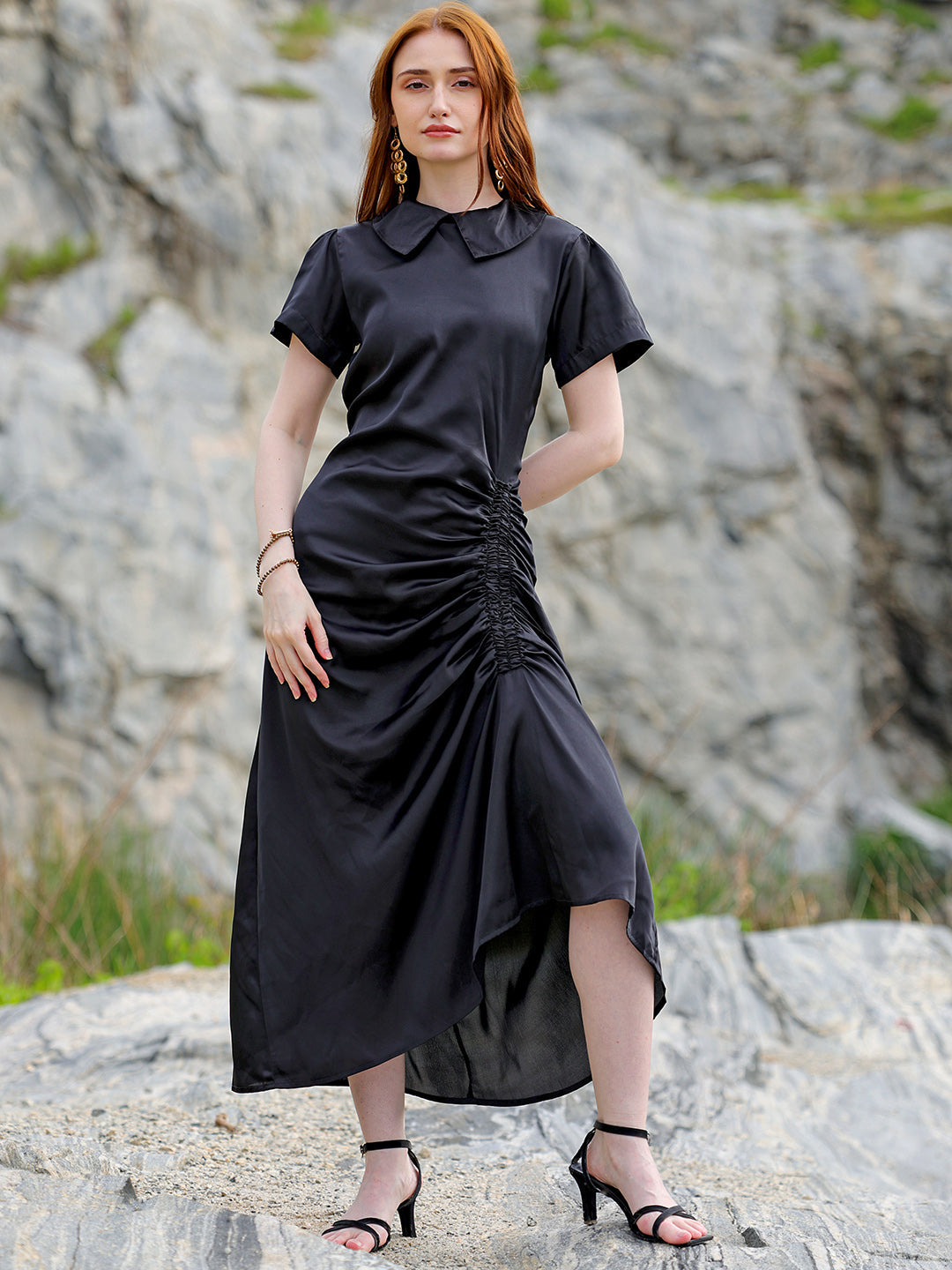 Freehand by The Indian Garage Co Women's Black Straight Solid Round Neck Asymmetric Dress