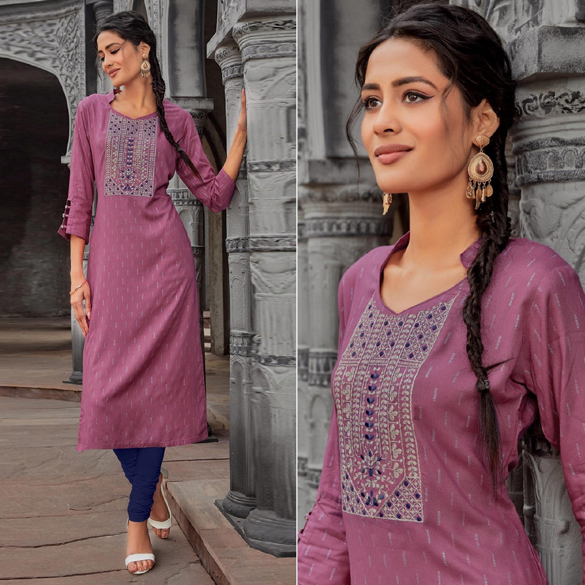 Peachmode Seller Mauve Printed With Embroidered Pure Cotton Kurti