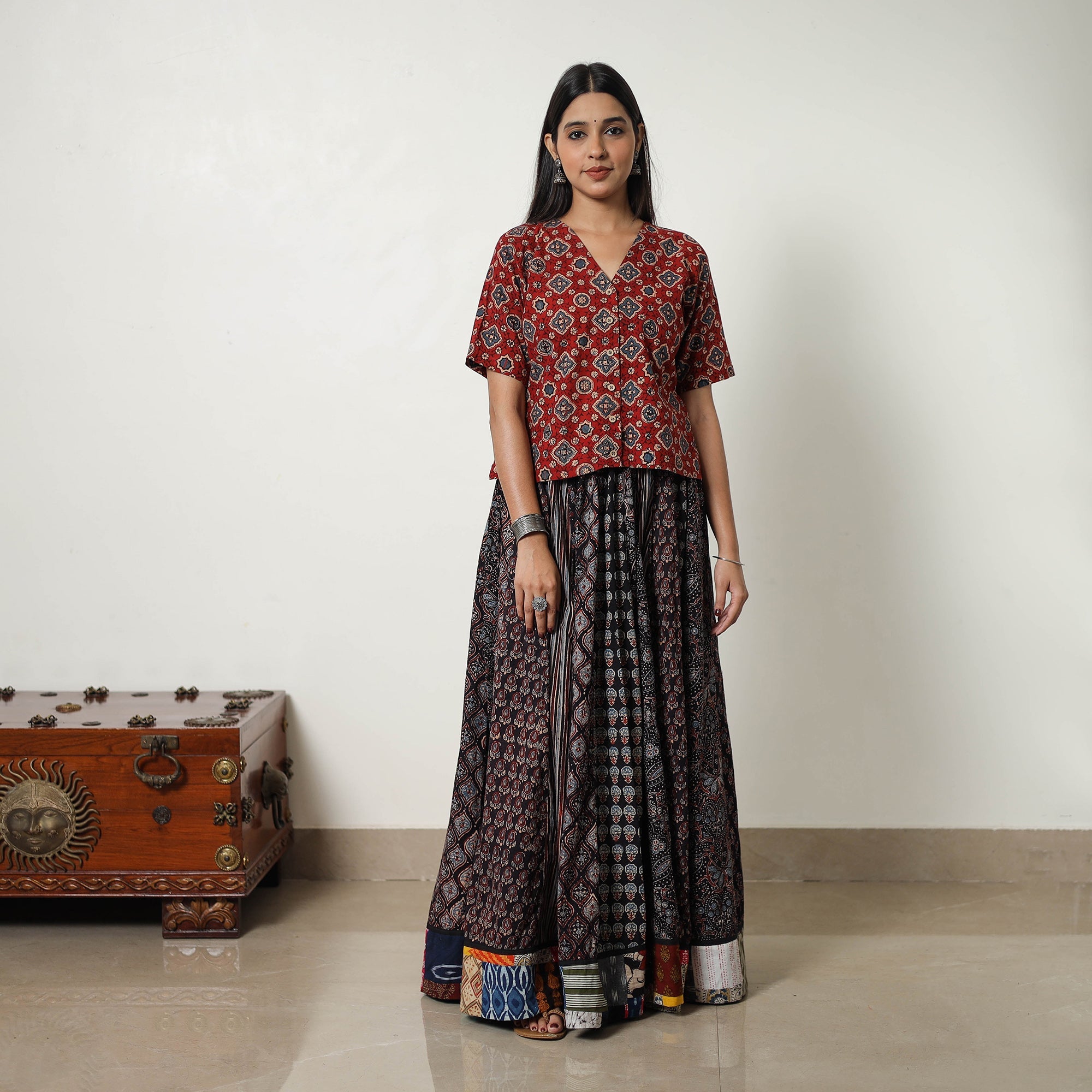 NOORI BAZAR Black - 24 Kali Patchwork Block Printed Cotton Ajrakh Skirt 06