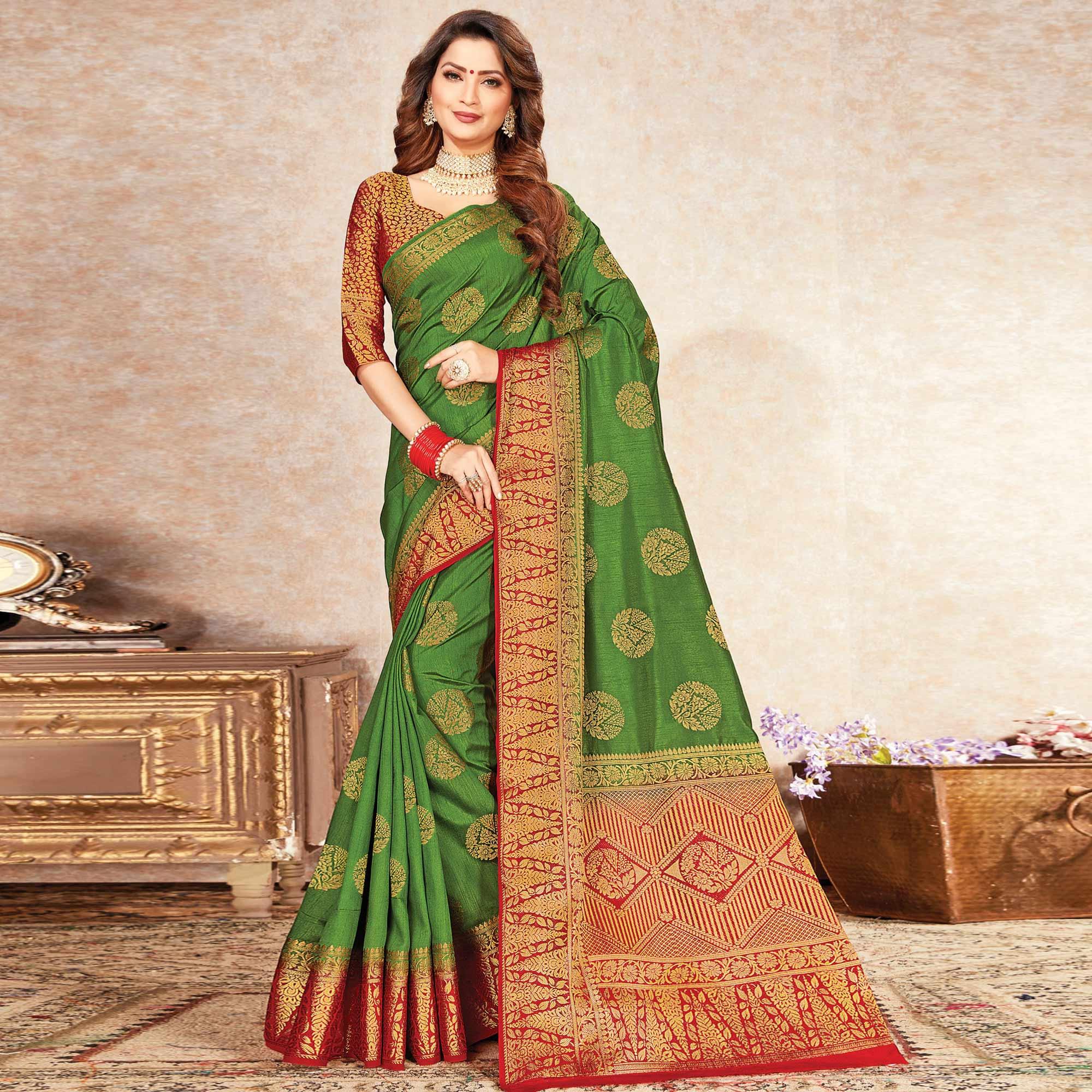 Peachmode Fantastic Green Colored Festive Wear Woven Cotton Silk Saree