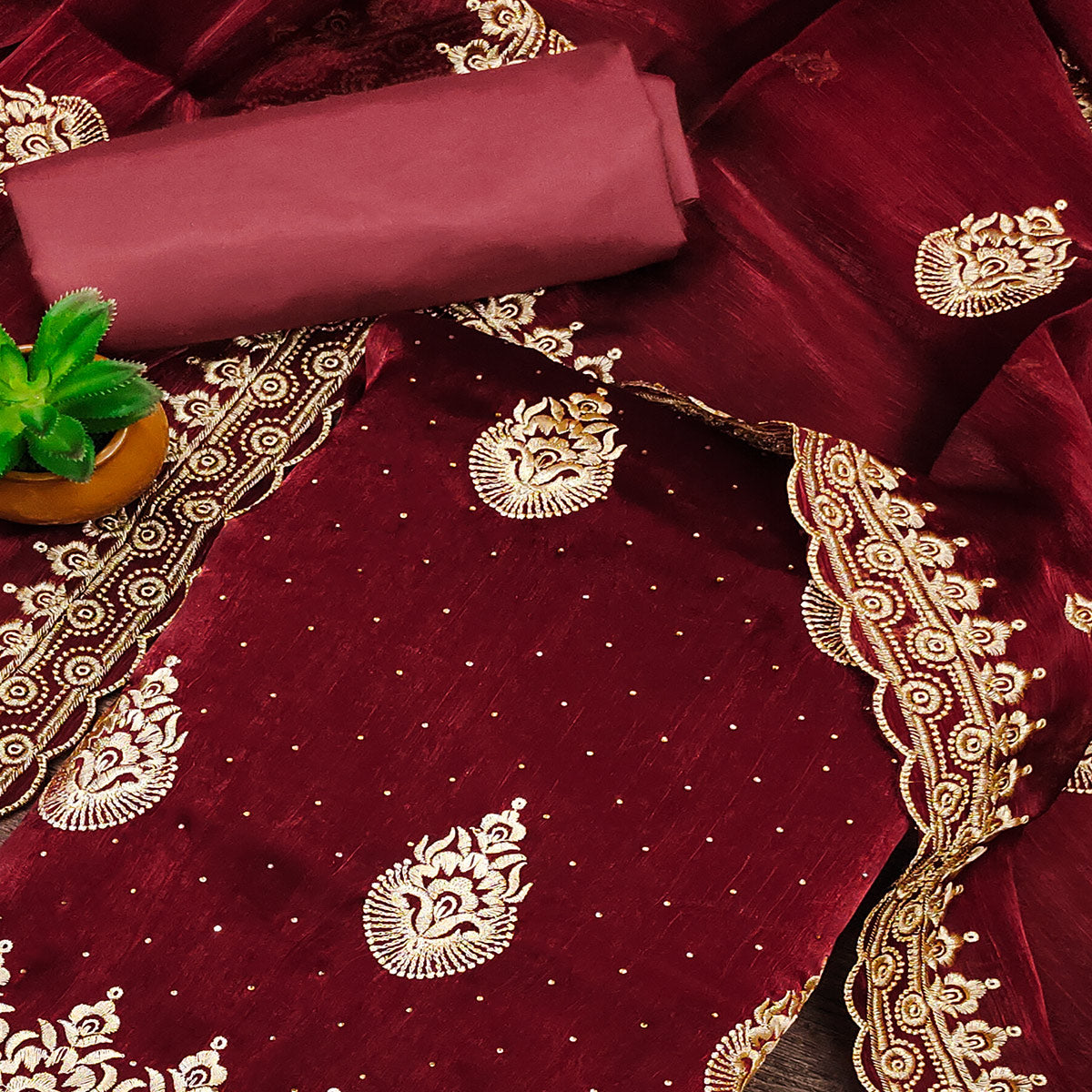 Peachmode Maroon Embroidery With Stonework Mulberry Dress Material - view 2