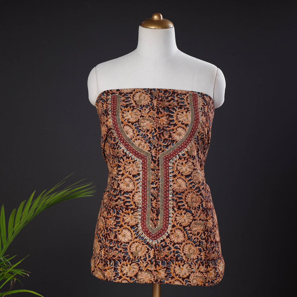 NOORI BAZAR Brown - Embroidered Cotton Kalamkari Print Kurta Material (2.6m)