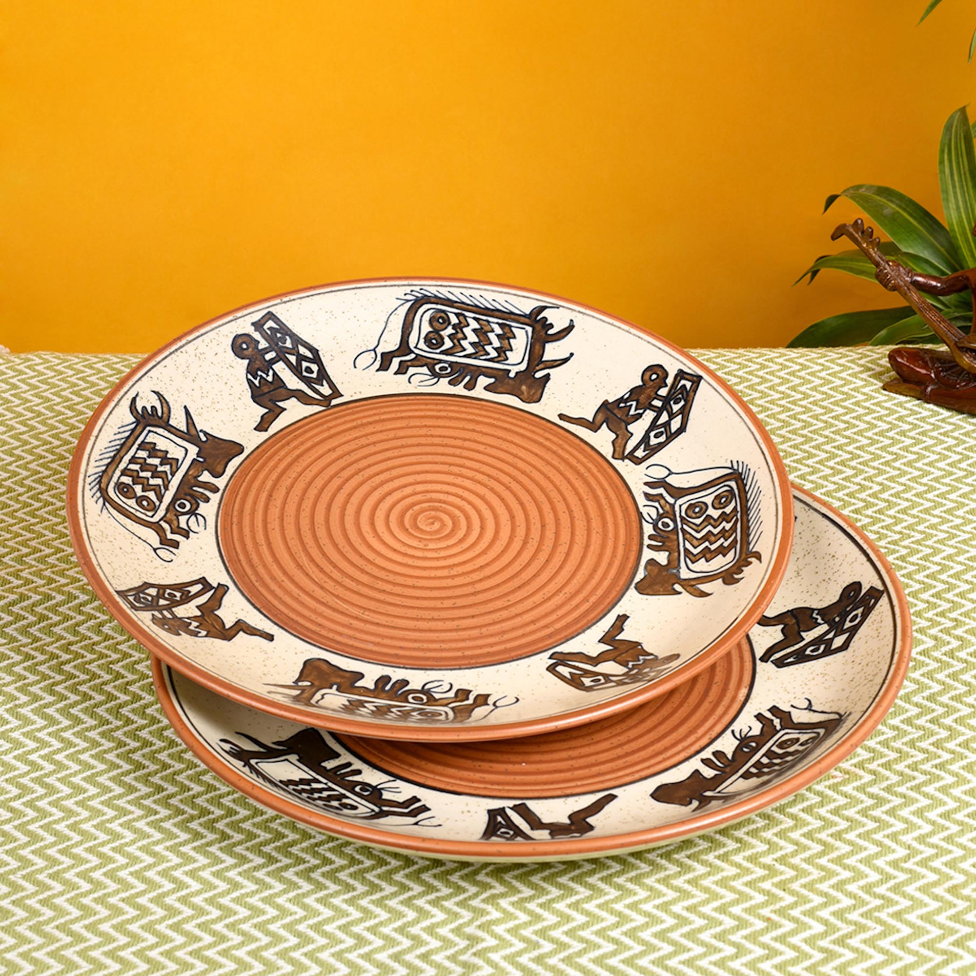 ART CREATIONS BY SUMAN SONTHALIA Brown - Tribal Village Dinner Plate (Set of 2) (1.1x10)