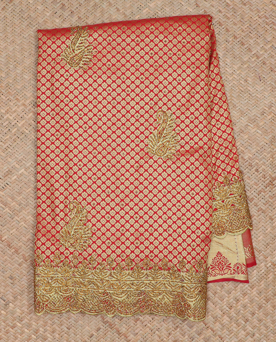 TheShoppothys Red jacquard & stonework silksaree,zari & stone embroidery scallop cutwork border & pallu of big paisleys with stonework - view 3