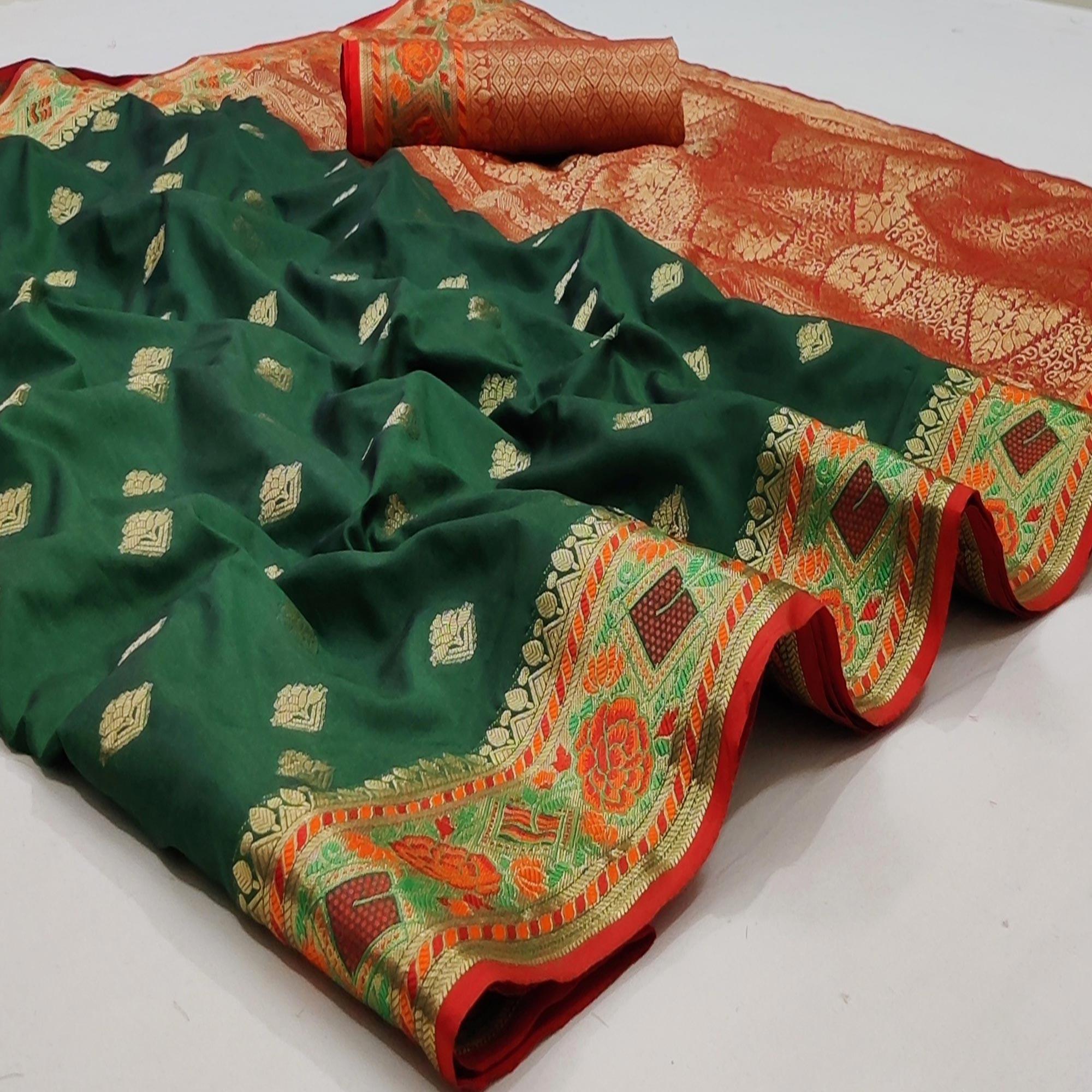Peachmode Bottle Green Festive Wear Floral Woven Soft Silk Saree With Jacquard Border