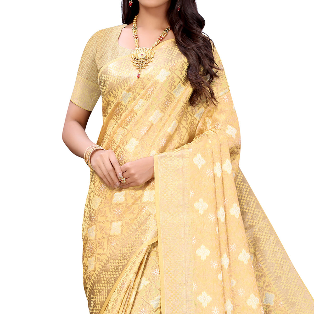 Peachmode Cream Festive Wear Woven Silk Saree - view 2