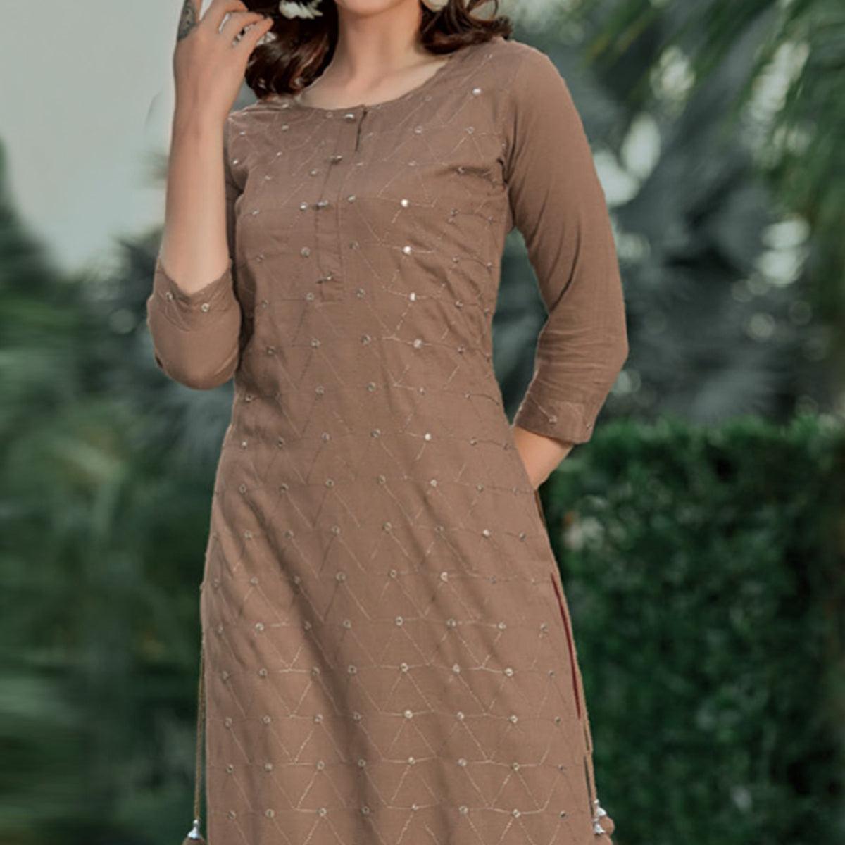 Peachmode Seller Brown Embellished With Embroidered Cotton Kurti - view 3