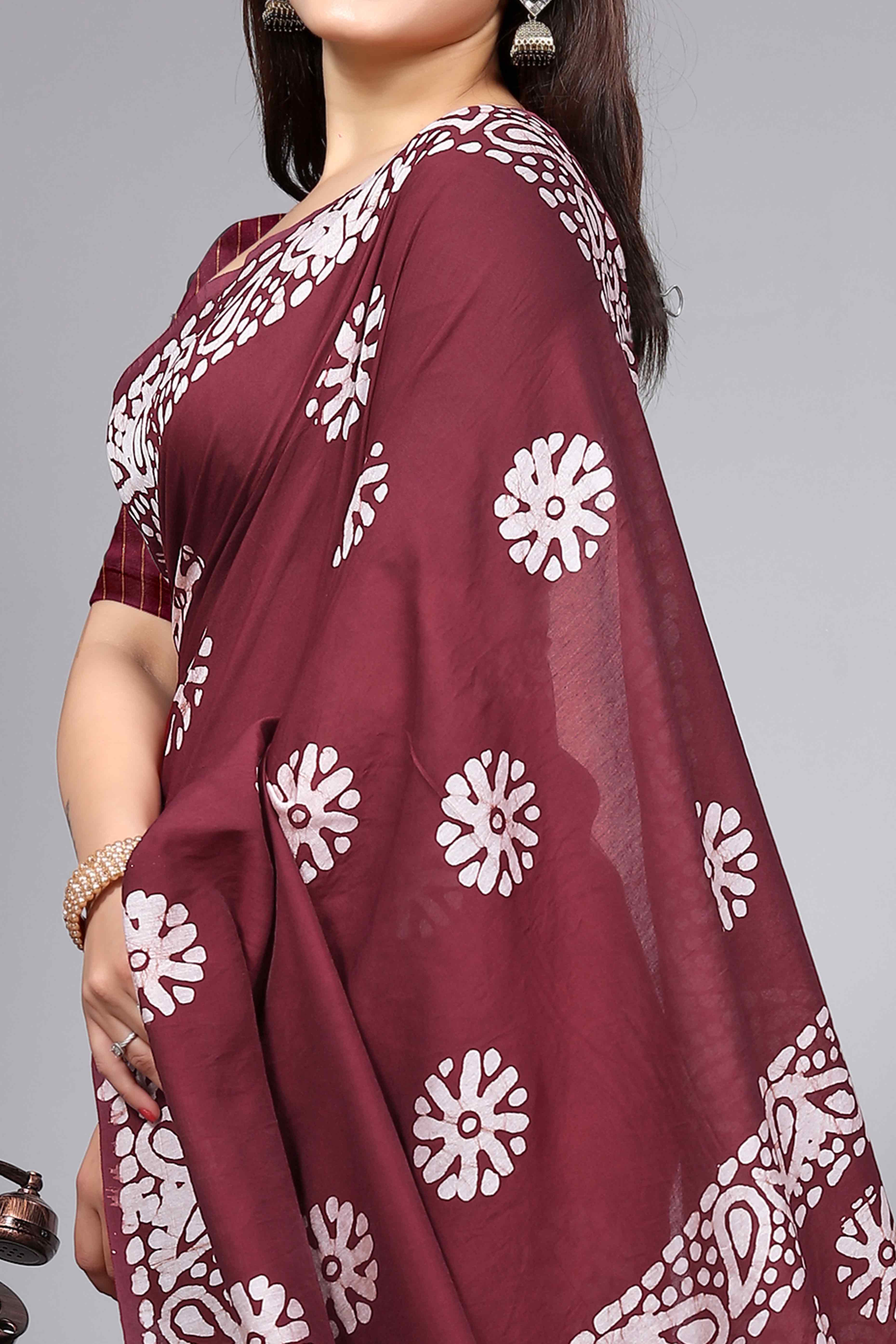Peachmode Maroon Floral Printed Chanderi Cotton Silk Lagdi patta Saree - view 2