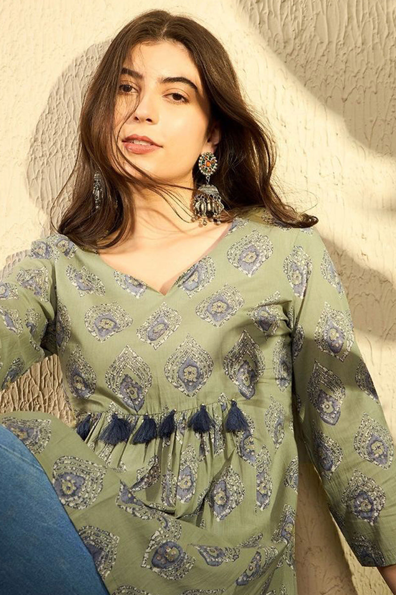 Ahika Green Cotton Blend Ethnic Motifs Printed Peplum Tunic VT1283