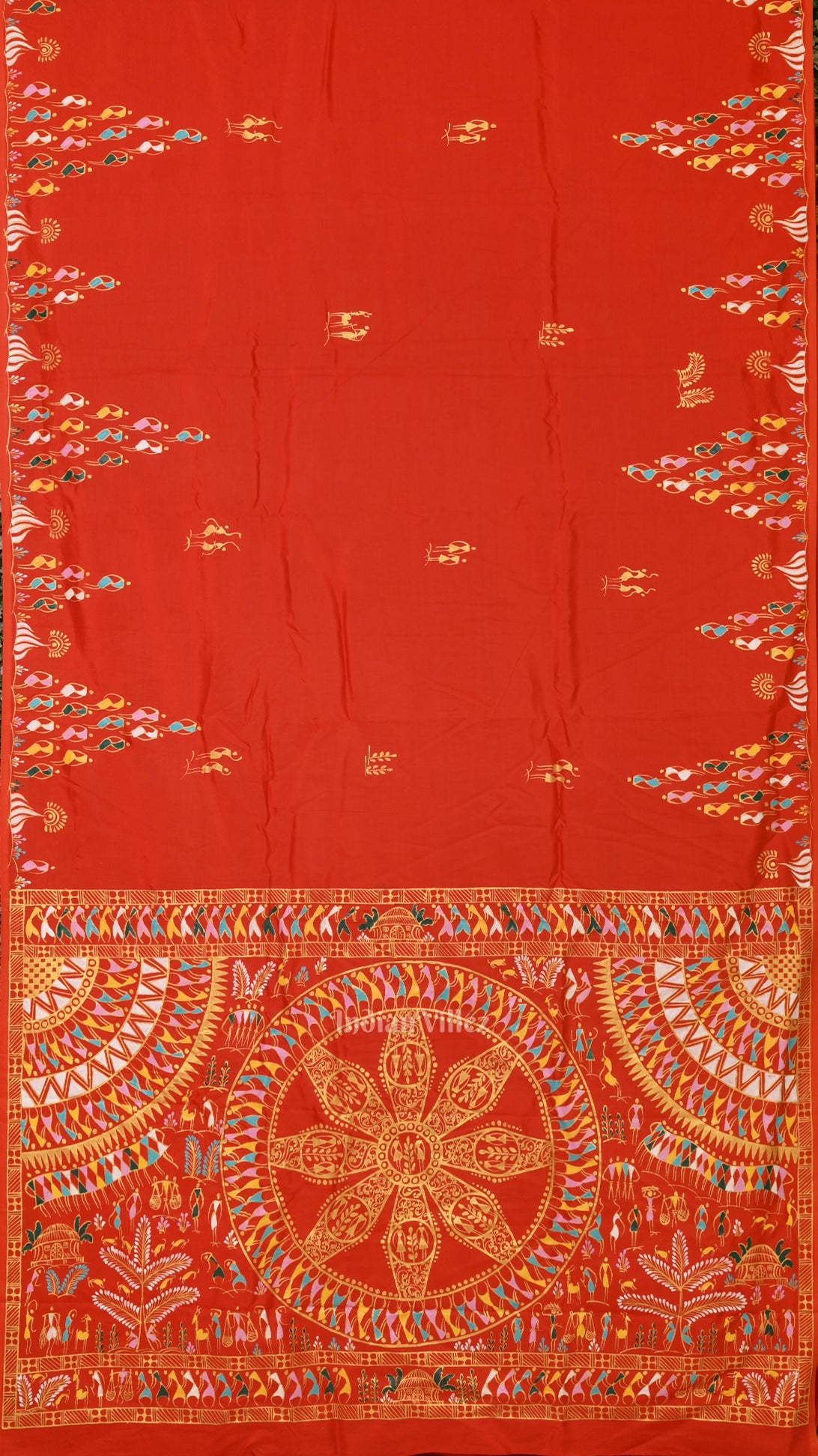 IndianVillèz Fine & Elegant Orange Tribal Theme Hand-Painted Pattachitra Saree