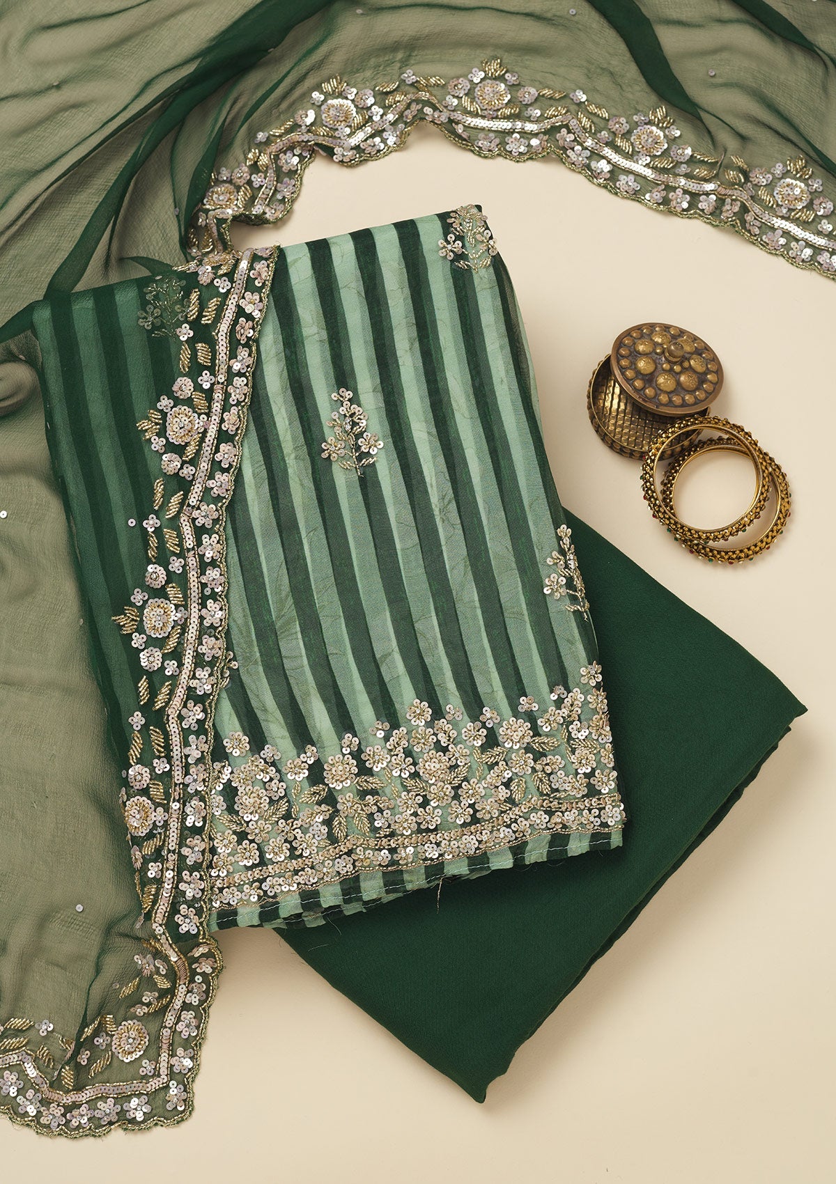 Koskii Bottle Green Cutdana Semi Crepe Unstitched Salwar Suit
